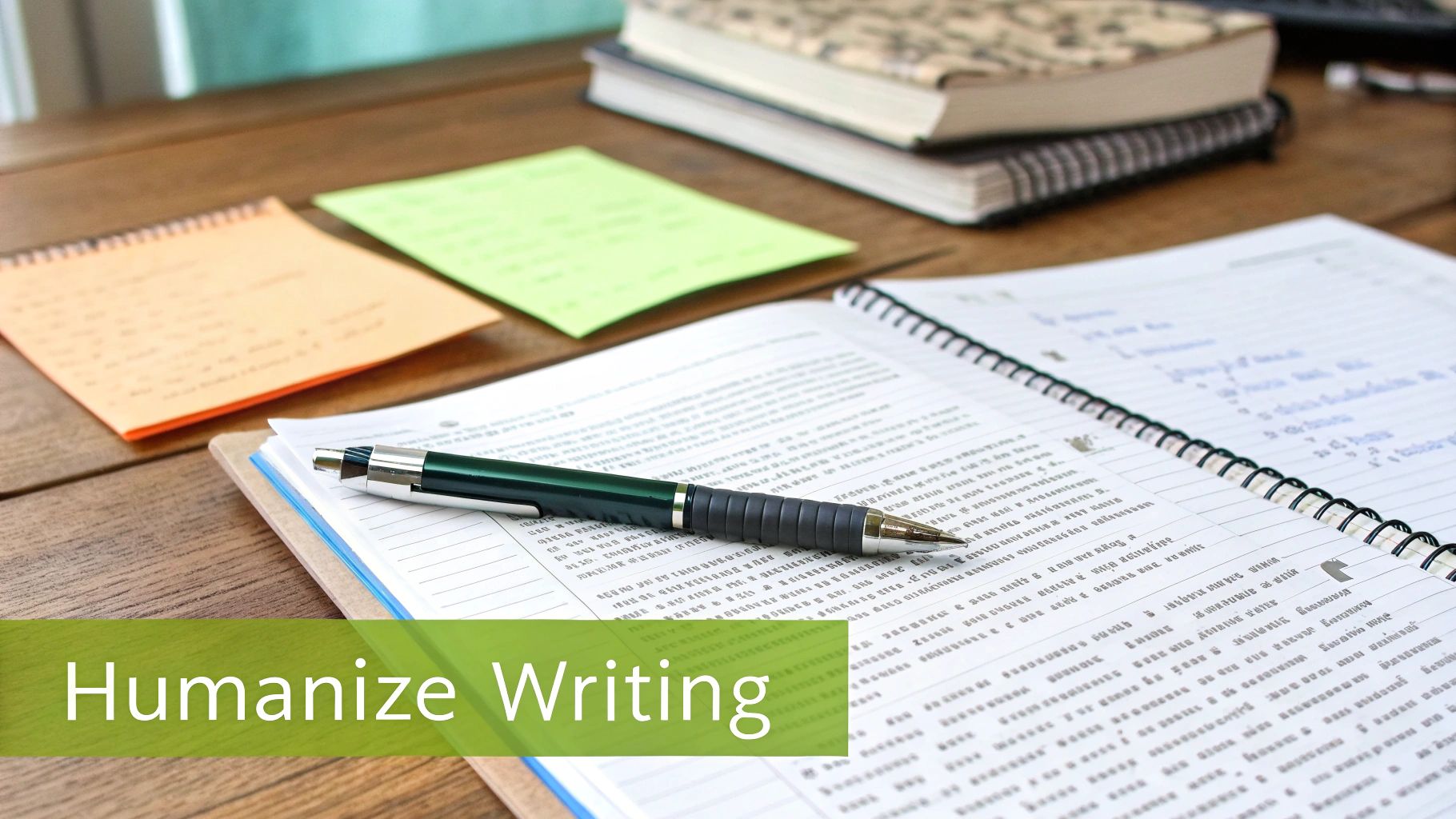A spiral-bound notebook with a pen on a wooden desk, surrounded by colorful sticky notes and books.