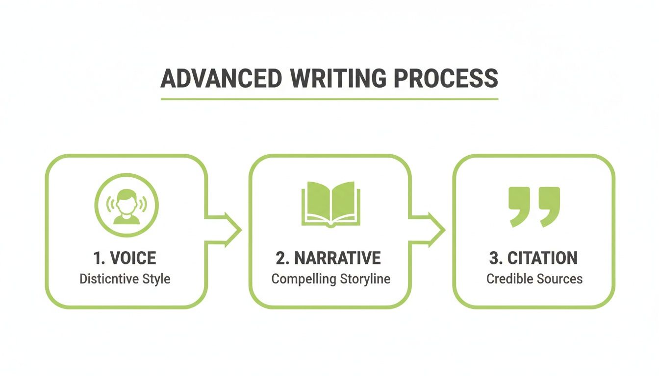 An infographic illustrating the Advanced Writing Process with three steps: Voice, Narrative, and Citation.