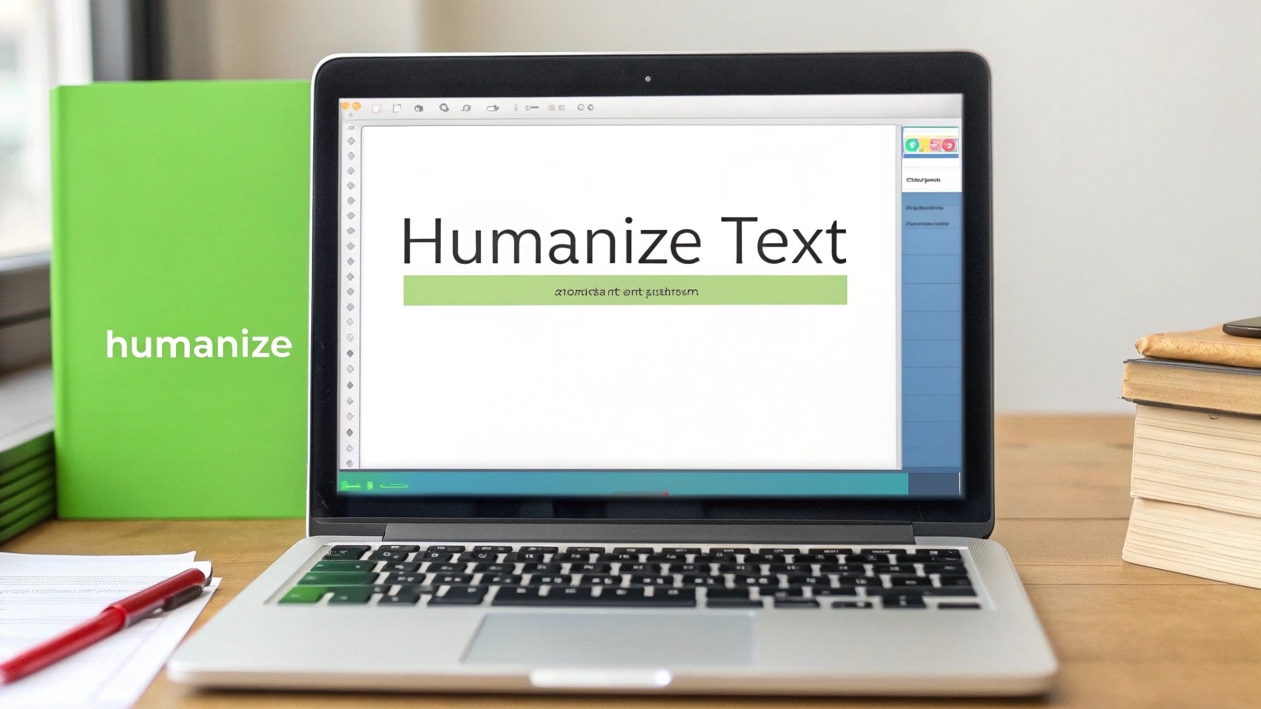 A laptop displays 'Humanize Text' on screen next to a green 'humanize' book, pen, and paper.
