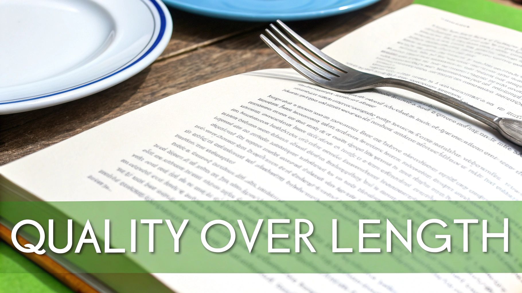 A magnifying glass hovering over the word "Quality" on a piece of paper, emphasizing focus over quantity.