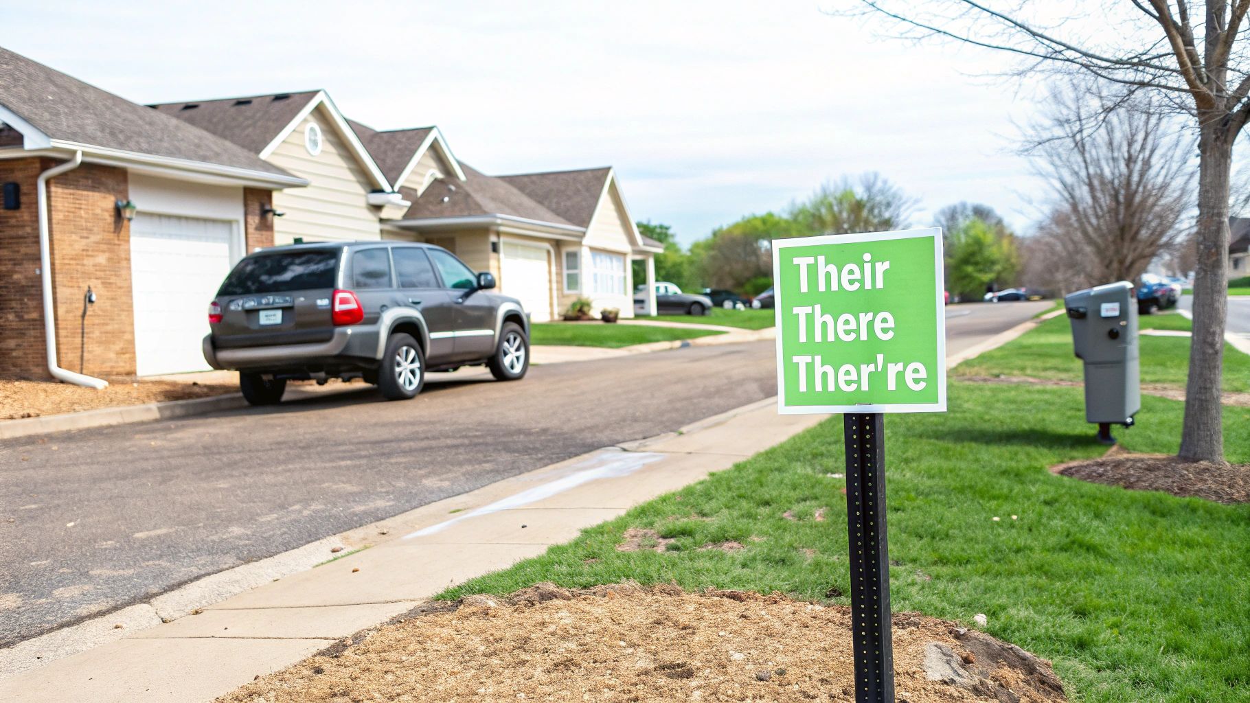 A bright green yard sign in a suburban neighborhood displays the words 'Their, There, Ther're'.