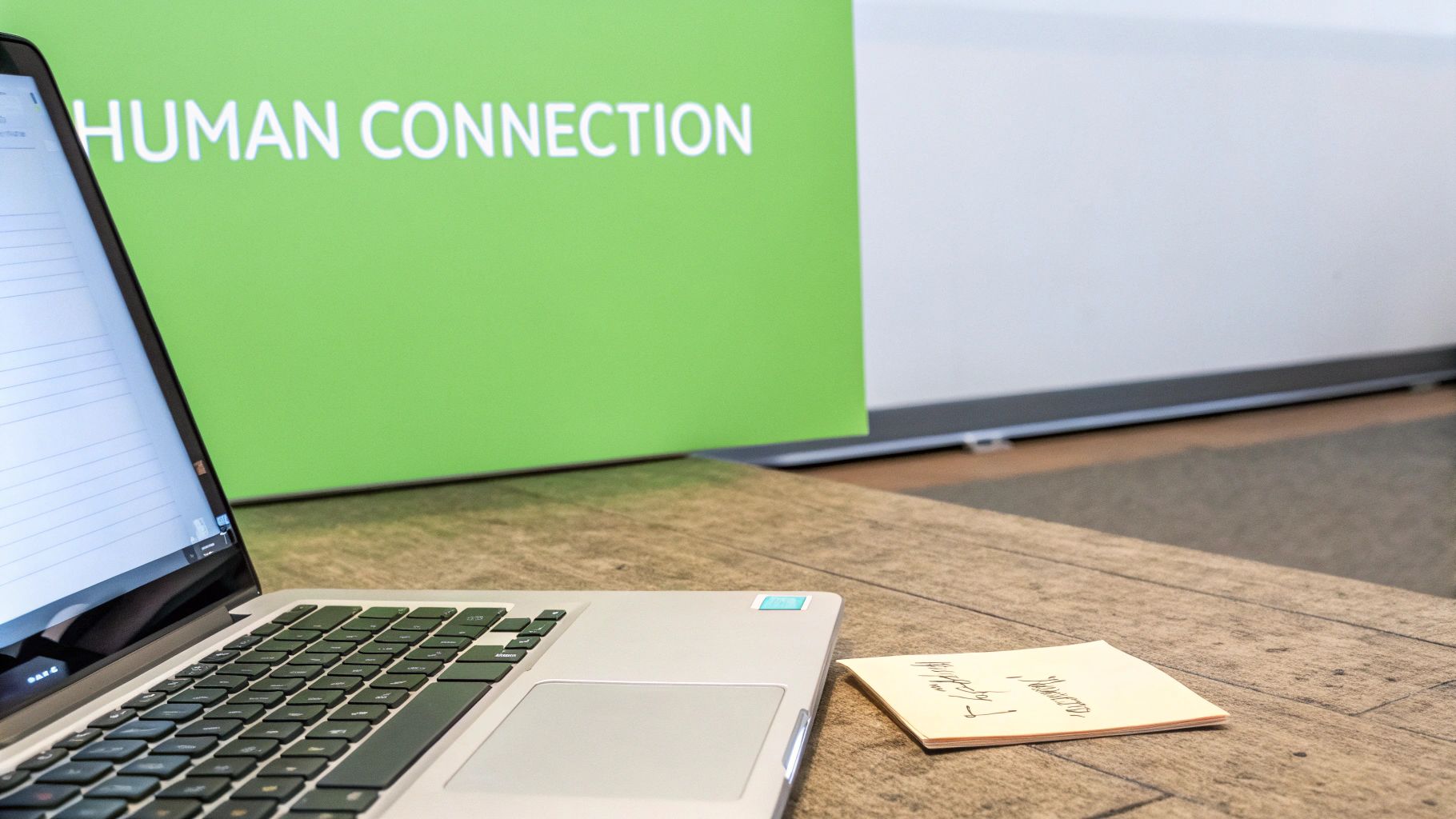 A laptop and a sticky note on a wooden desk with a 'HUMAN CONNECTION' banner in the background.