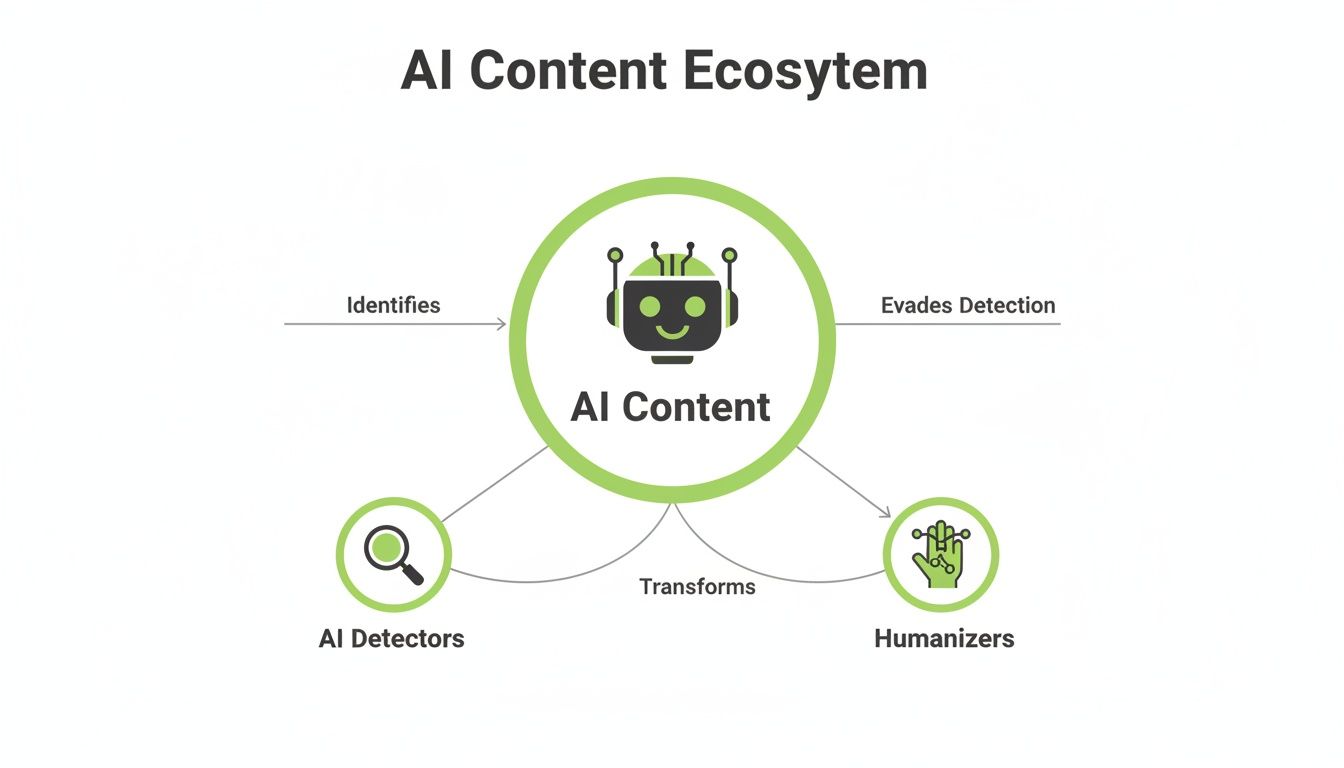 Diagram showing the AI Content Ecosystem, illustrating how AI content is detected and humanized to evade detection.