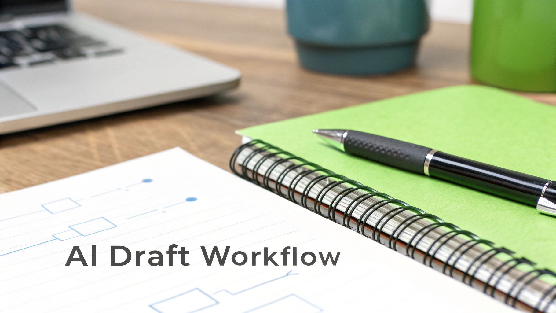 A close-up of a desk with a document showing 'AI Draft Workflow', a green notebook, a pen, and a laptop in the background.