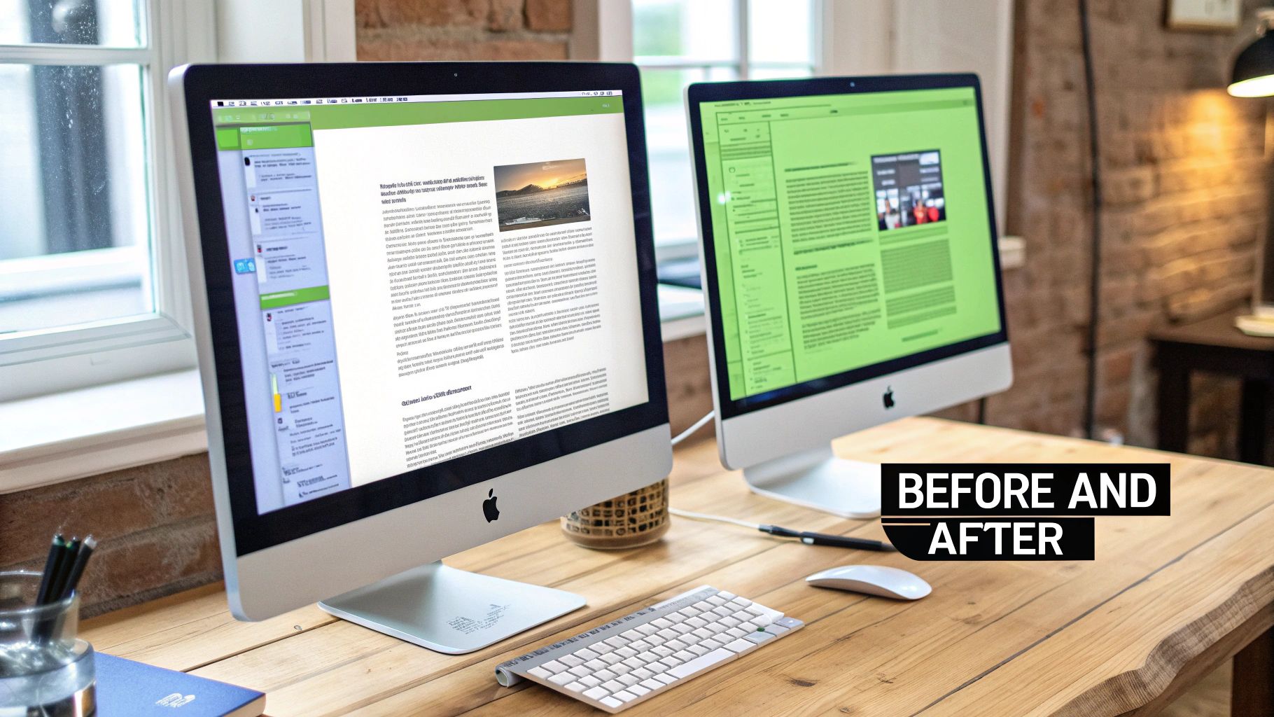 Two documents side-by-side, one robotic and one with human annotations and edits, showing the transformation.