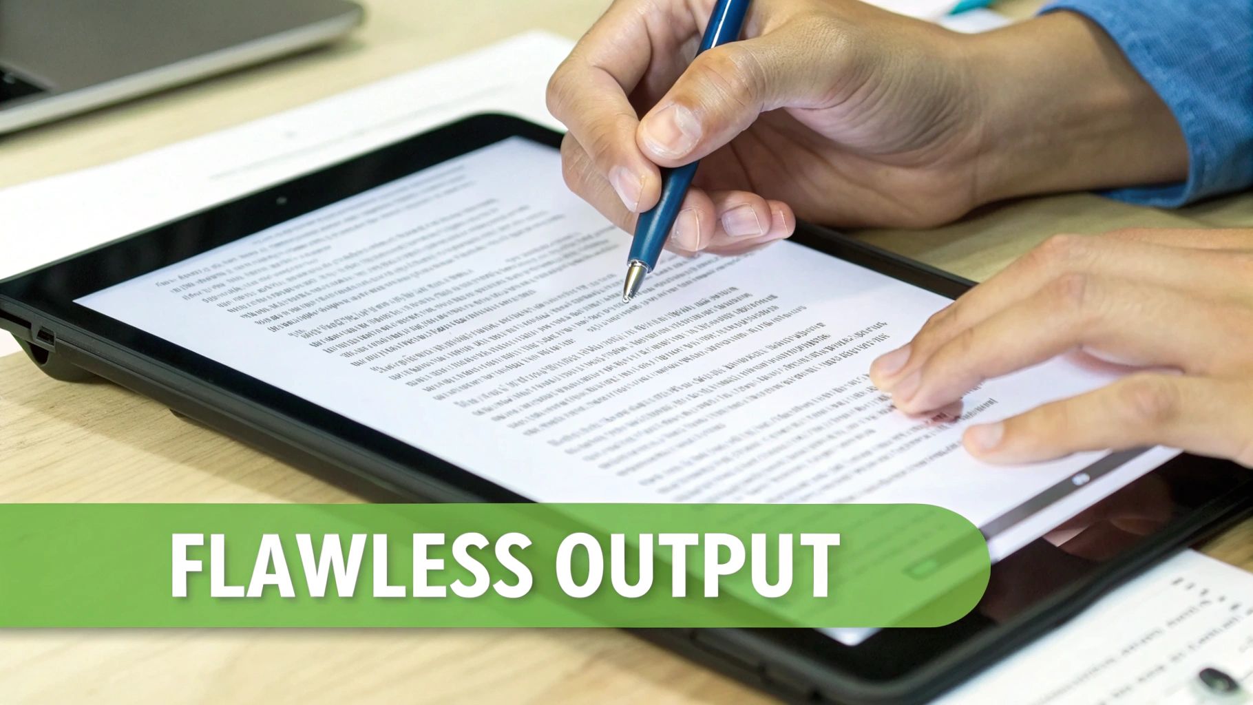 Close-up of hands using a stylus pen on a tablet to edit a digital document.