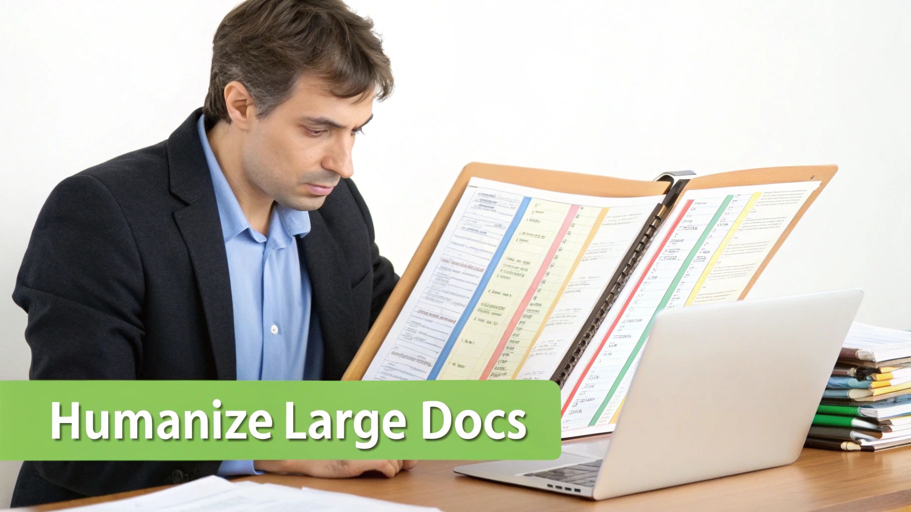 A man in a suit intensely studies a large open binder with colorful pages, next to a laptop.