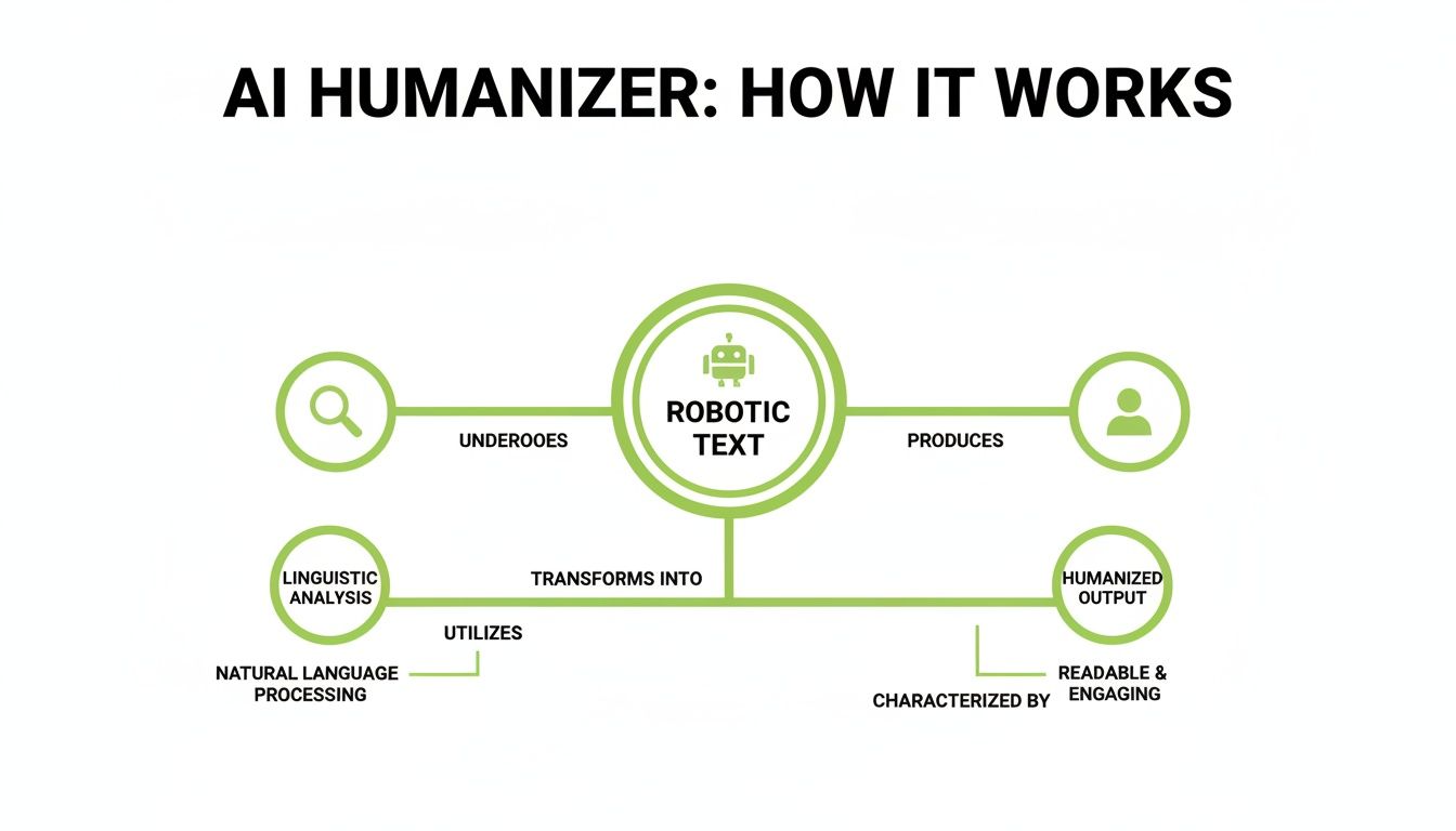 Diagram explaining AI humanizer, transforming robotic text into readable, engaging output using natural language processing.