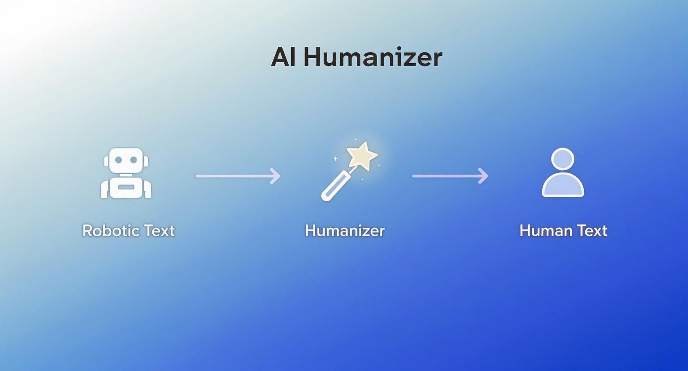Diagram illustrating an AI Humanizer transforming robotic text into natural human text.