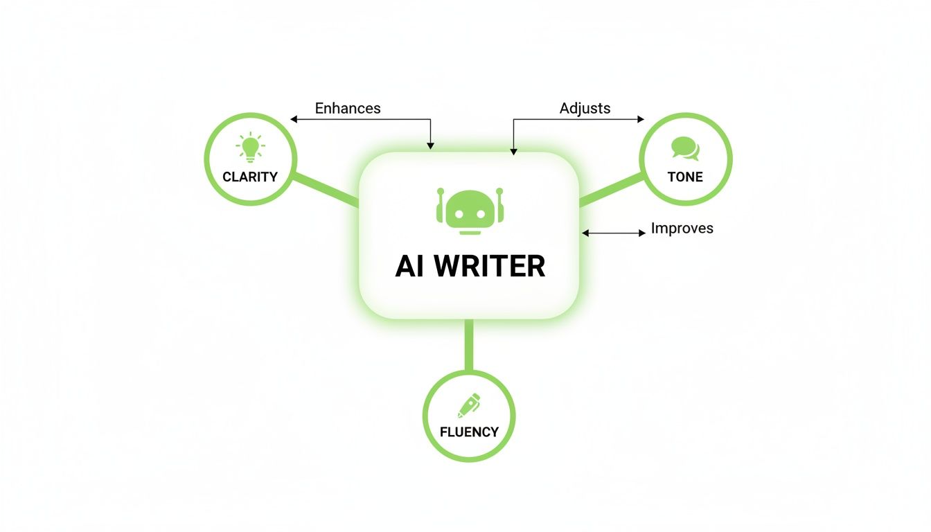 Diagram showing an AI writer enhancing clarity, adjusting tone, and improving fluency in writing.