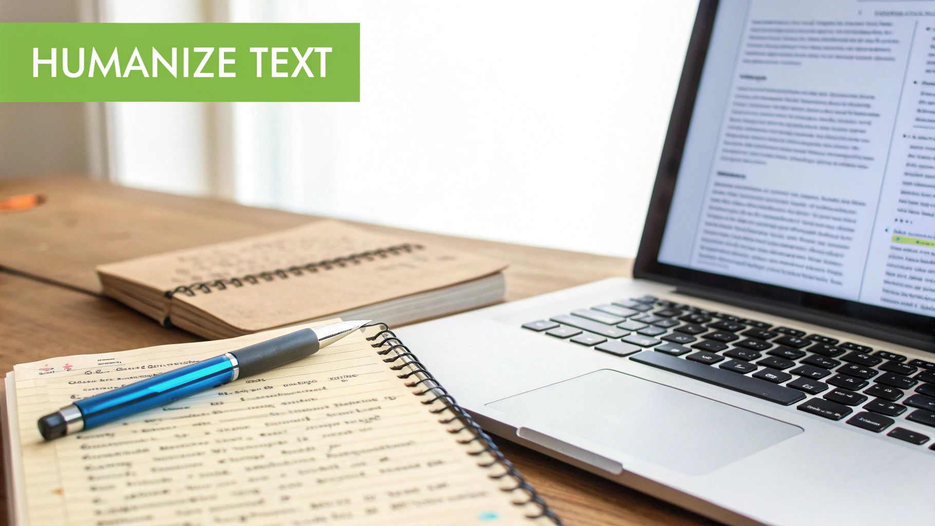A laptop, open notebooks, and a pen on a wooden desk with a 'HUMANIZE TEXT' banner.