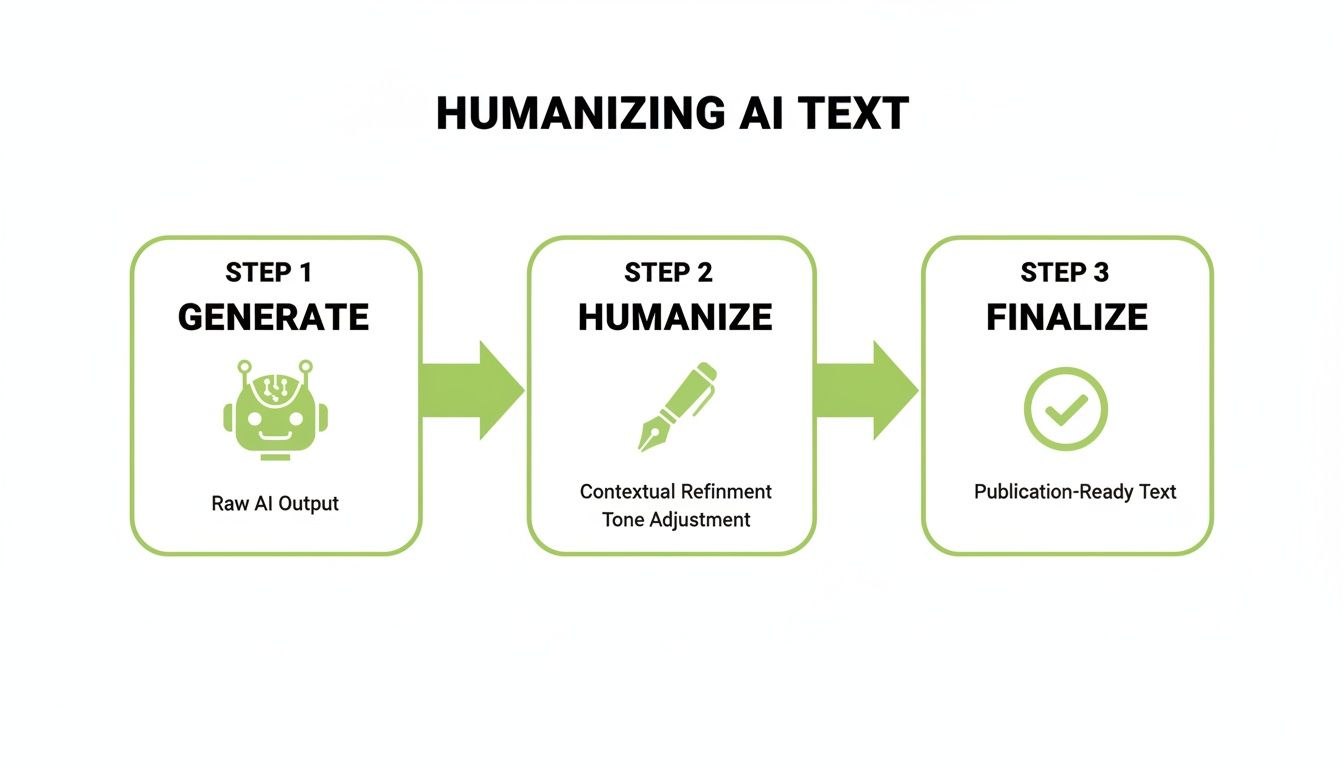 A diagram outlining a three-step process for humanizing AI text: generate, humanize, and finalize.