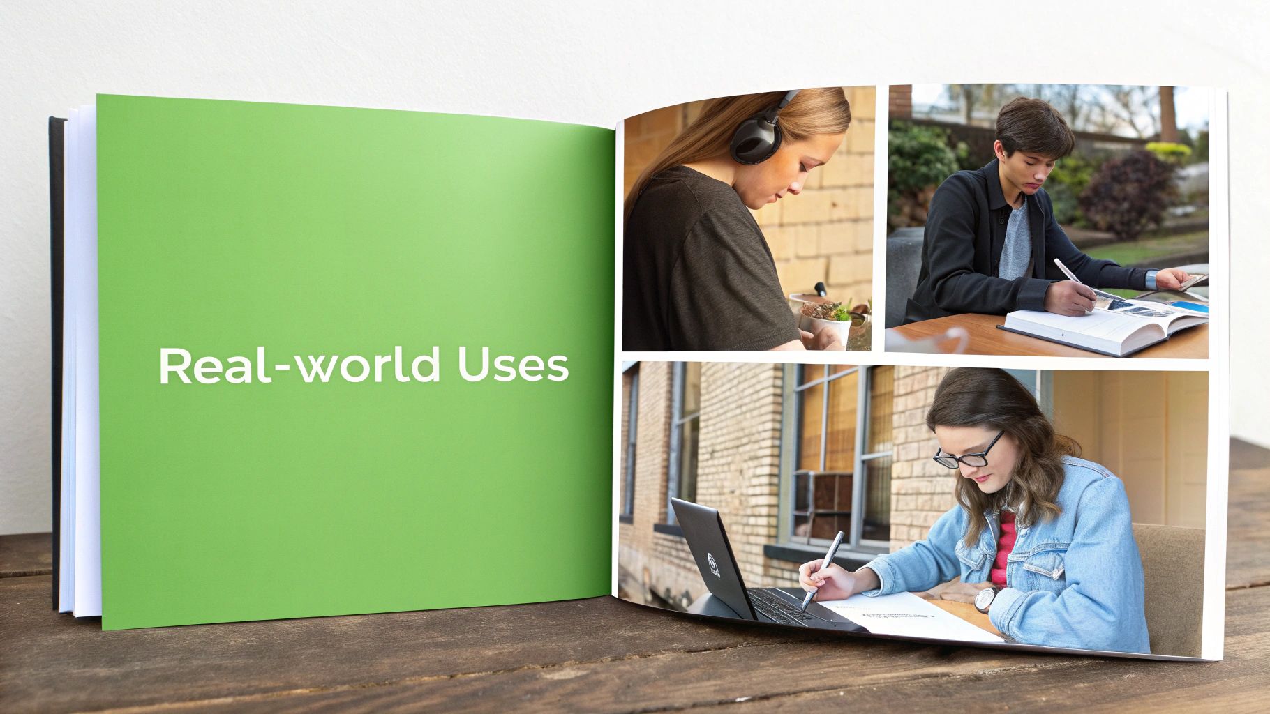 An open book features 'Real-world Uses' alongside three images depicting students studying and working.