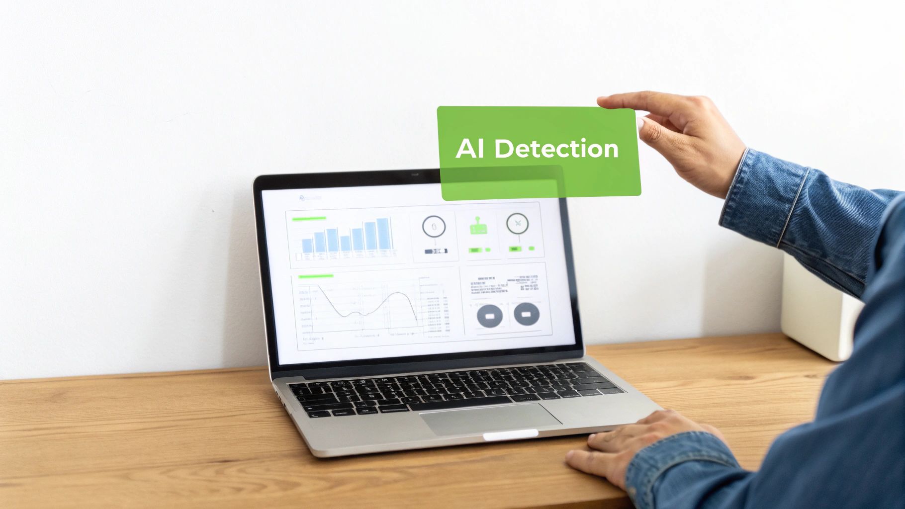 Person holding green AI Detection card in front of laptop displaying analytics dashboard