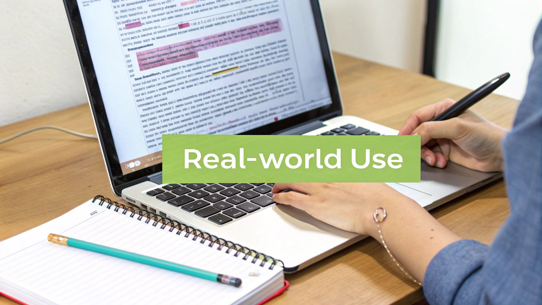 Person typing on a laptop with a document open, a notebook and pencil nearby, highlighting 'Real-world Use'.