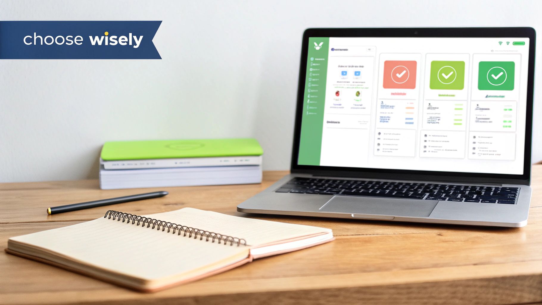 A modern workspace with a laptop showing a checklist app, notebook, and pen on a wooden desk.