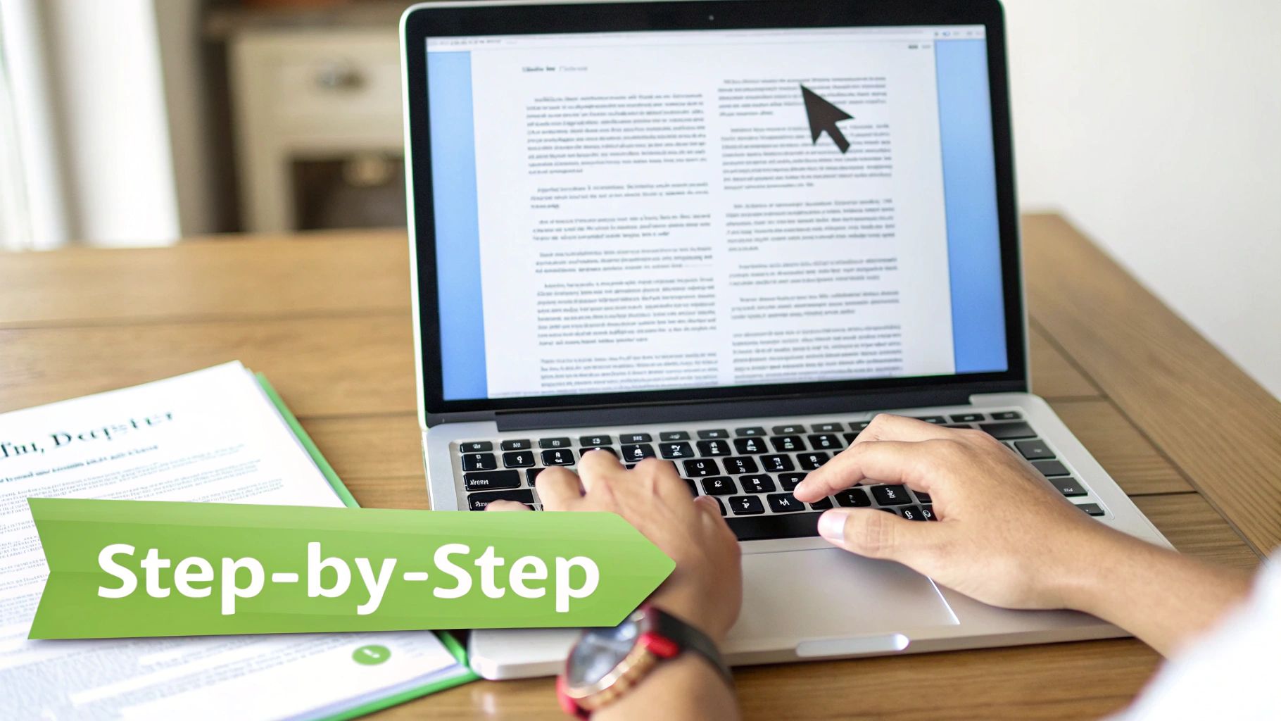 Hands typing on a silver laptop, displaying a document on screen and a 'Step-by-Step' banner.