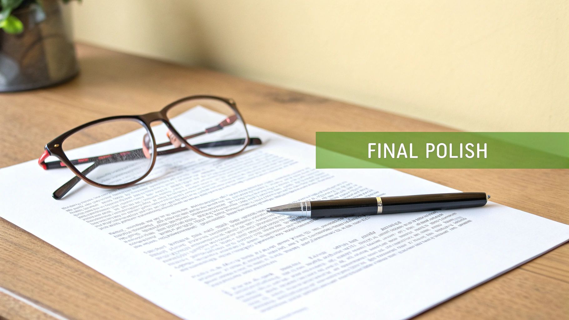 Eyeglasses and a pen rest on a document with text, overlaid with a 'FINAL POLISH' banner.