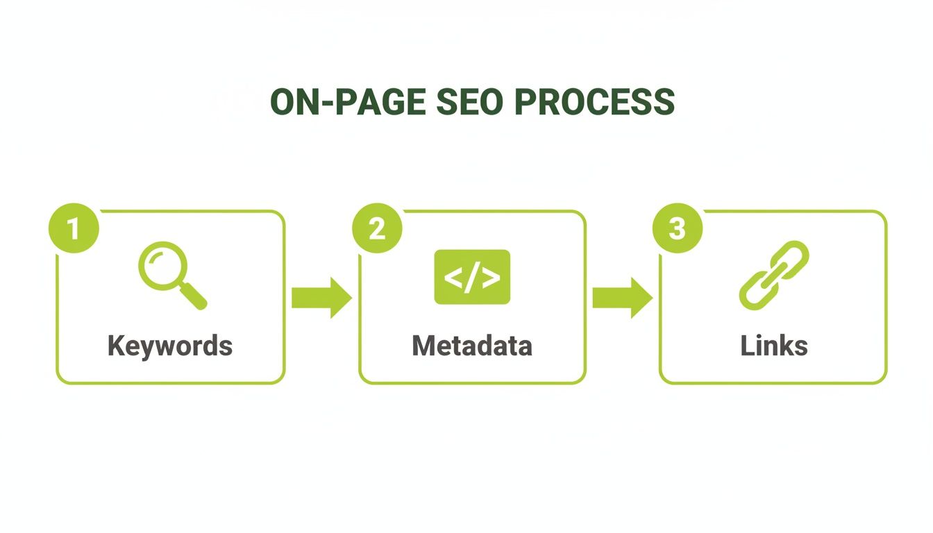 Infographic illustrating the 3-step on-page SEO process: Keywords, Metadata, and Links, with corresponding icons.