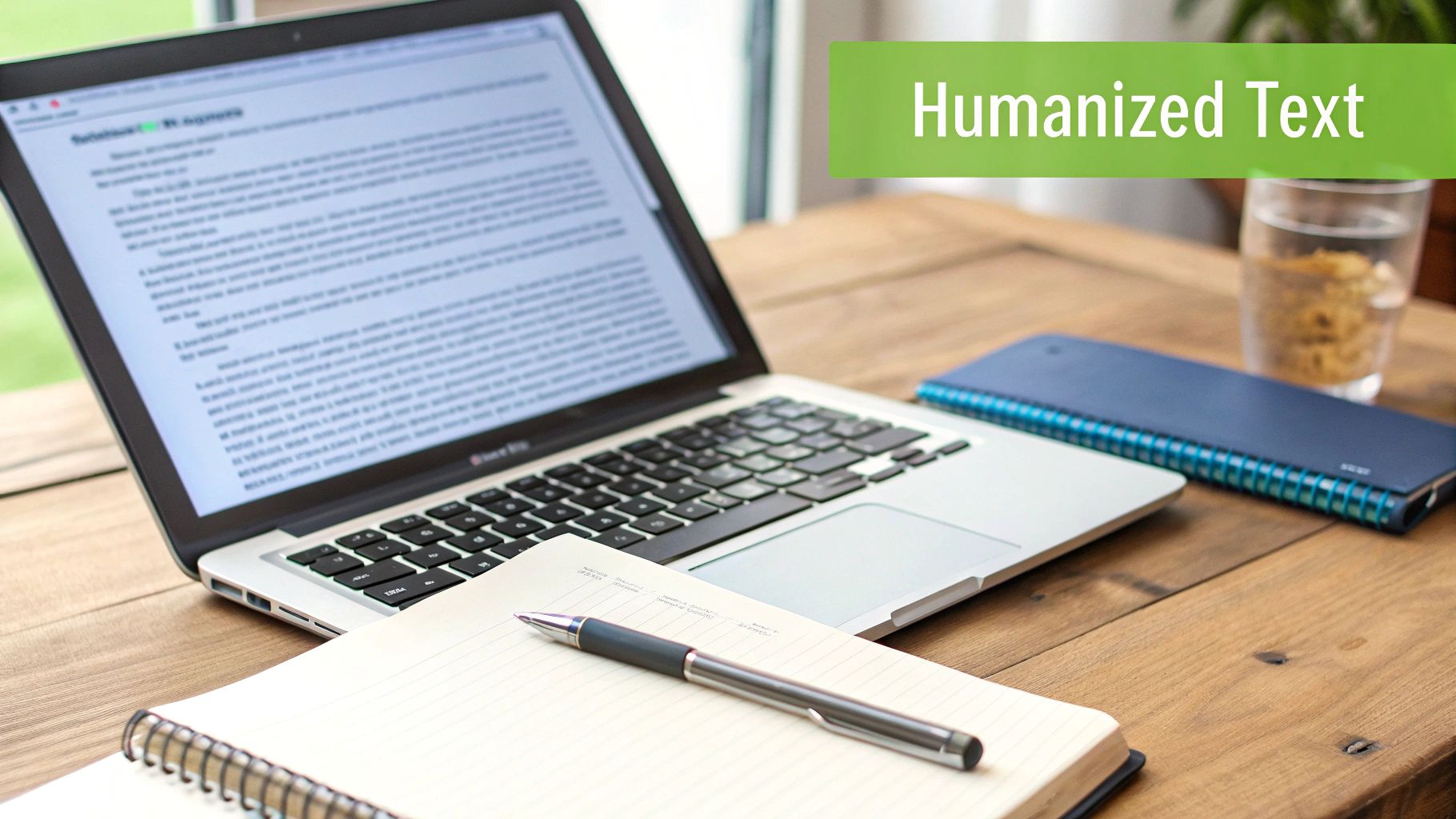 A laptop displaying text, notebook with a pen, and supplies on a wooden desk with a 'Humanized Text' banner.