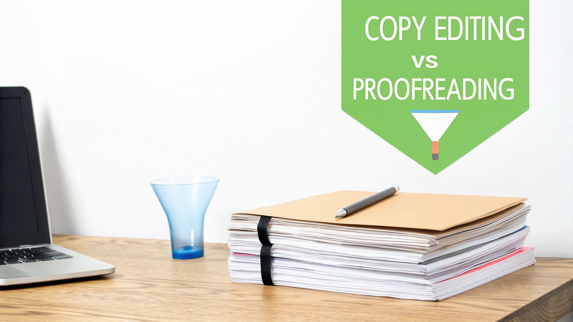 A desk with a laptop, blue glass, and a stack of papers with a pen. A banner reads 'COPY EDITING VS PROOFREADING' with a funnel icon.