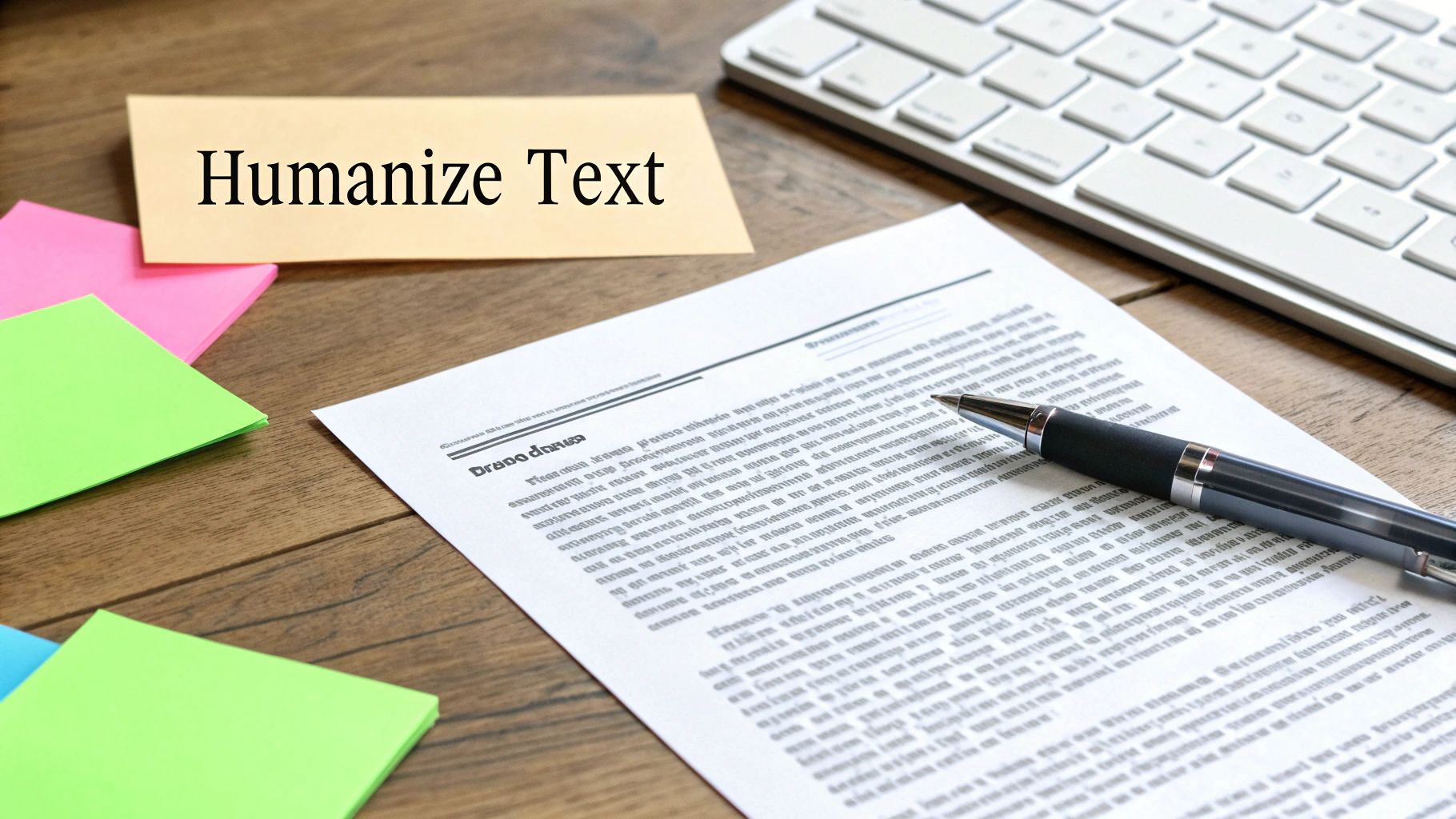 A desk with a note reading 'Humanize Text', a document, pen, keyboard, and sticky notes.