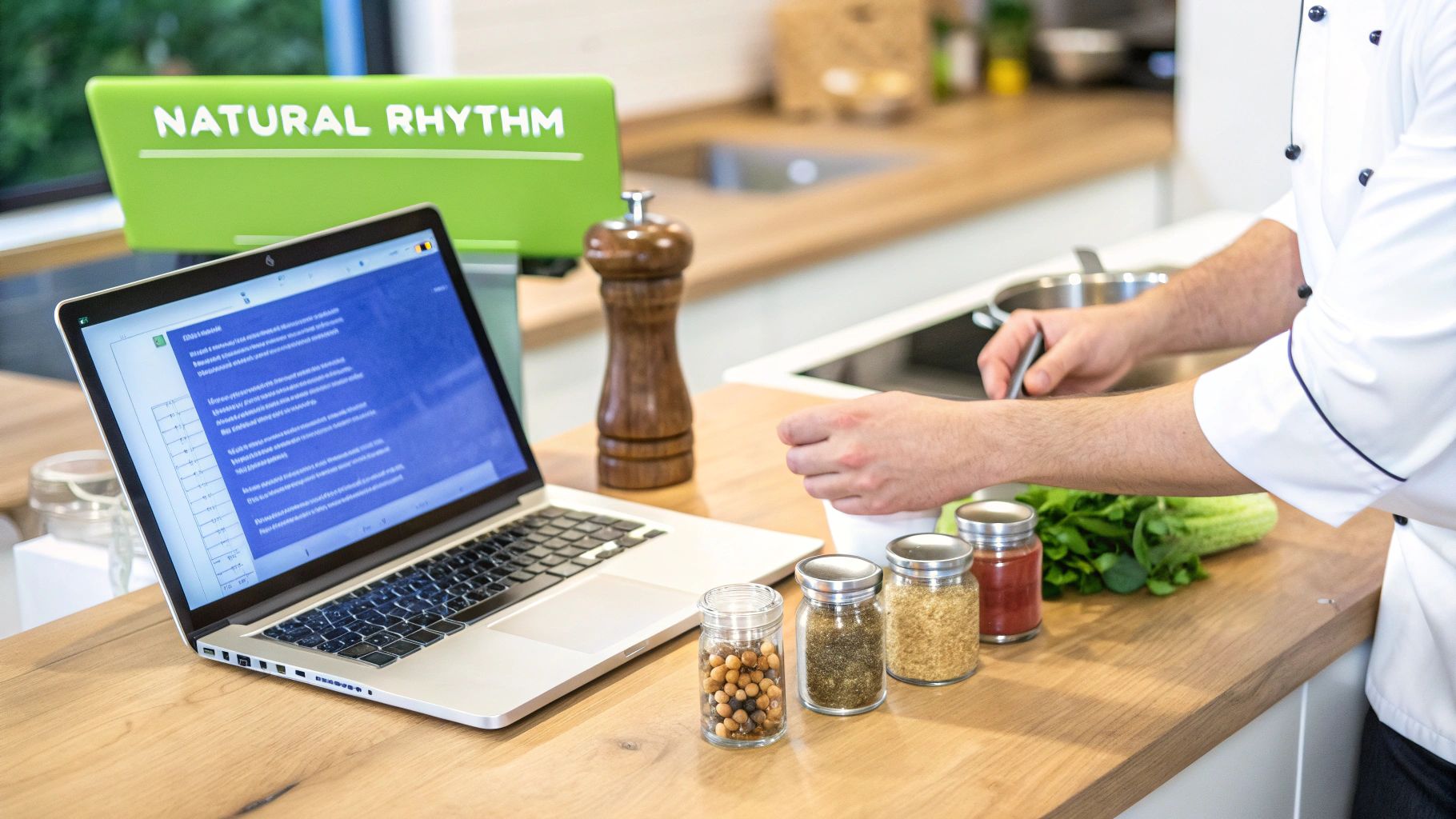 A chef prepares food in a modern kitchen with a laptop displaying a recipe and spices.
