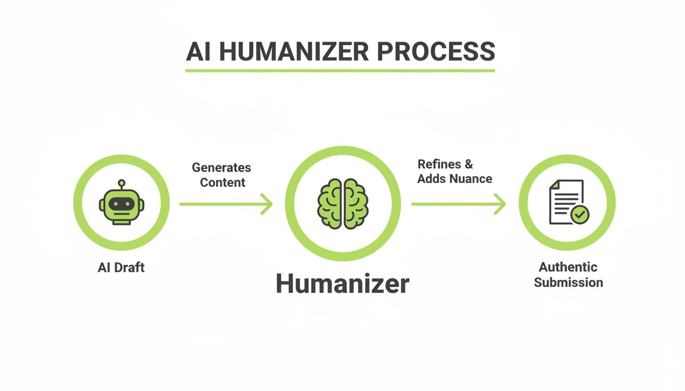 A flowchart illustrating the AI humanizer process, transforming AI-generated drafts into authentic, refined content.