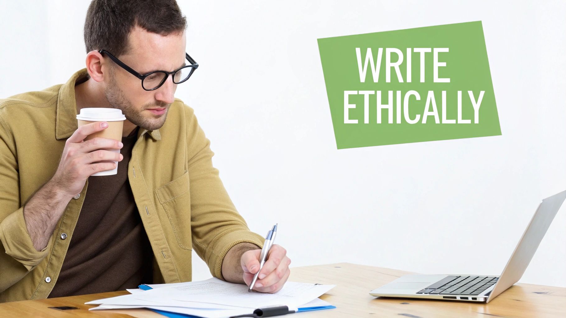 Professional writer working at desk with laptop and coffee practicing ethical writing standards