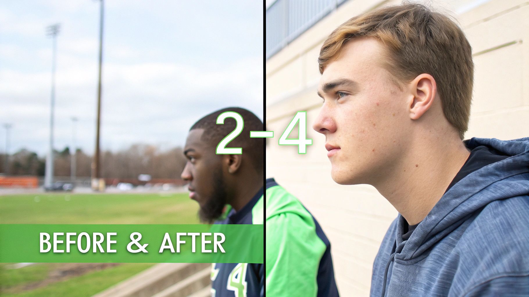 A split image showing a Black man on a sports field and a White man by a building, labeled 'BEFORE & AFTER'.