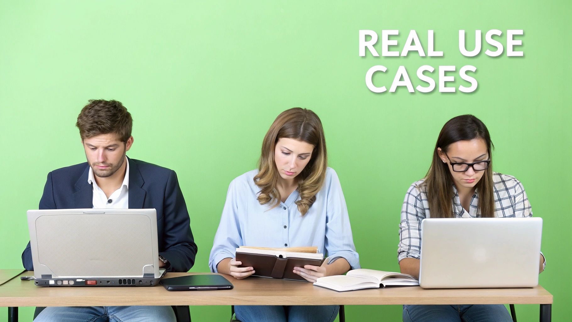 Three individuals focused on work with laptops and books at a table, 'REAL USE CASES' text visible.