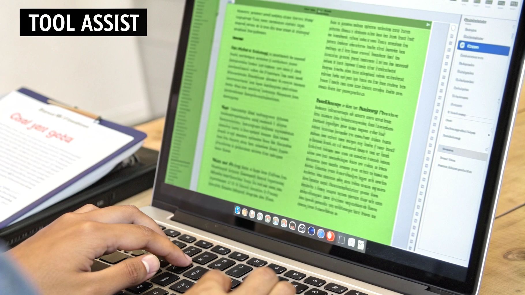 Person typing on laptop with green document displayed using writing assistance tool software
