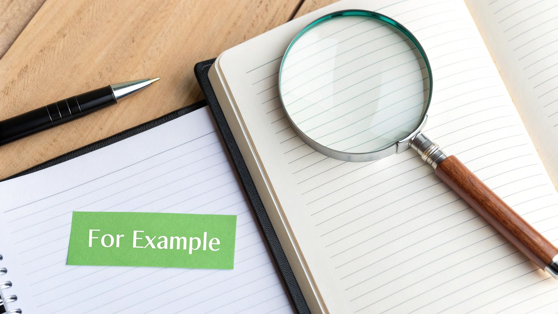 A top-down view of a wooden desk with a pen, magnifying glass, and 'For Example' note on notebooks.