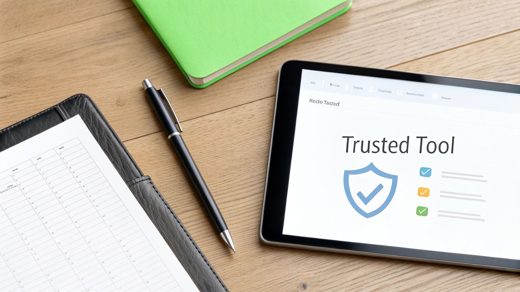 Overhead view of a workspace with a planner, pen, green notebook, and a tablet displaying 'Trusted Tool'.