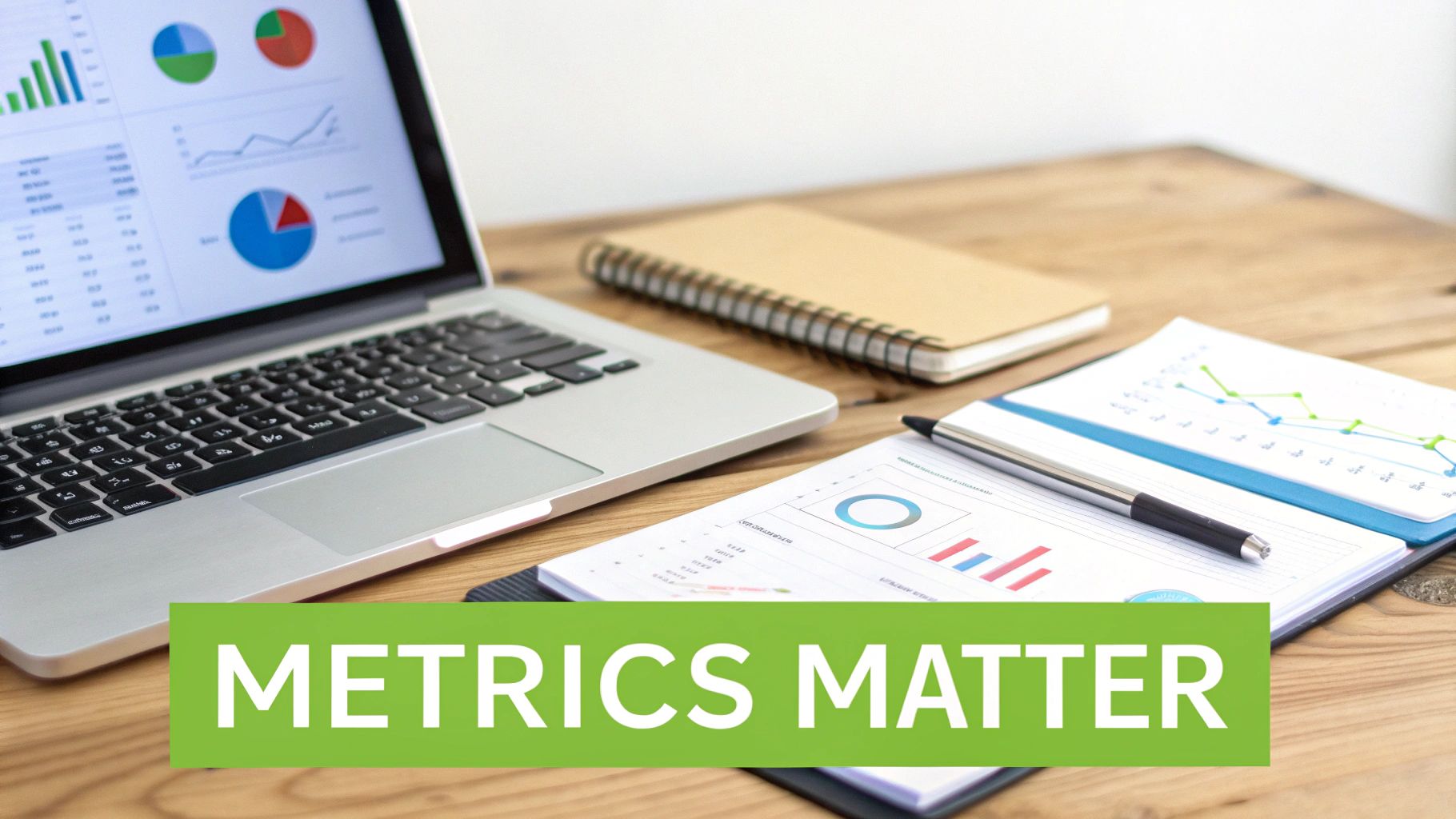 A desk setup with a laptop showing charts and graphs, papers, a notebook, and a pen, with 'METRICS MATTER' overlay.