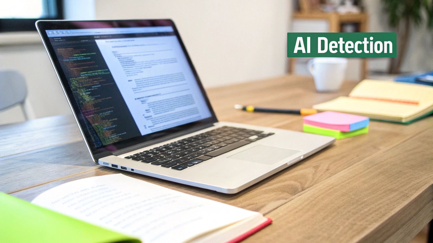 A laptop displaying code and text on a wooden desk, with books, sticky notes, and a pen. AI Detection overlay.