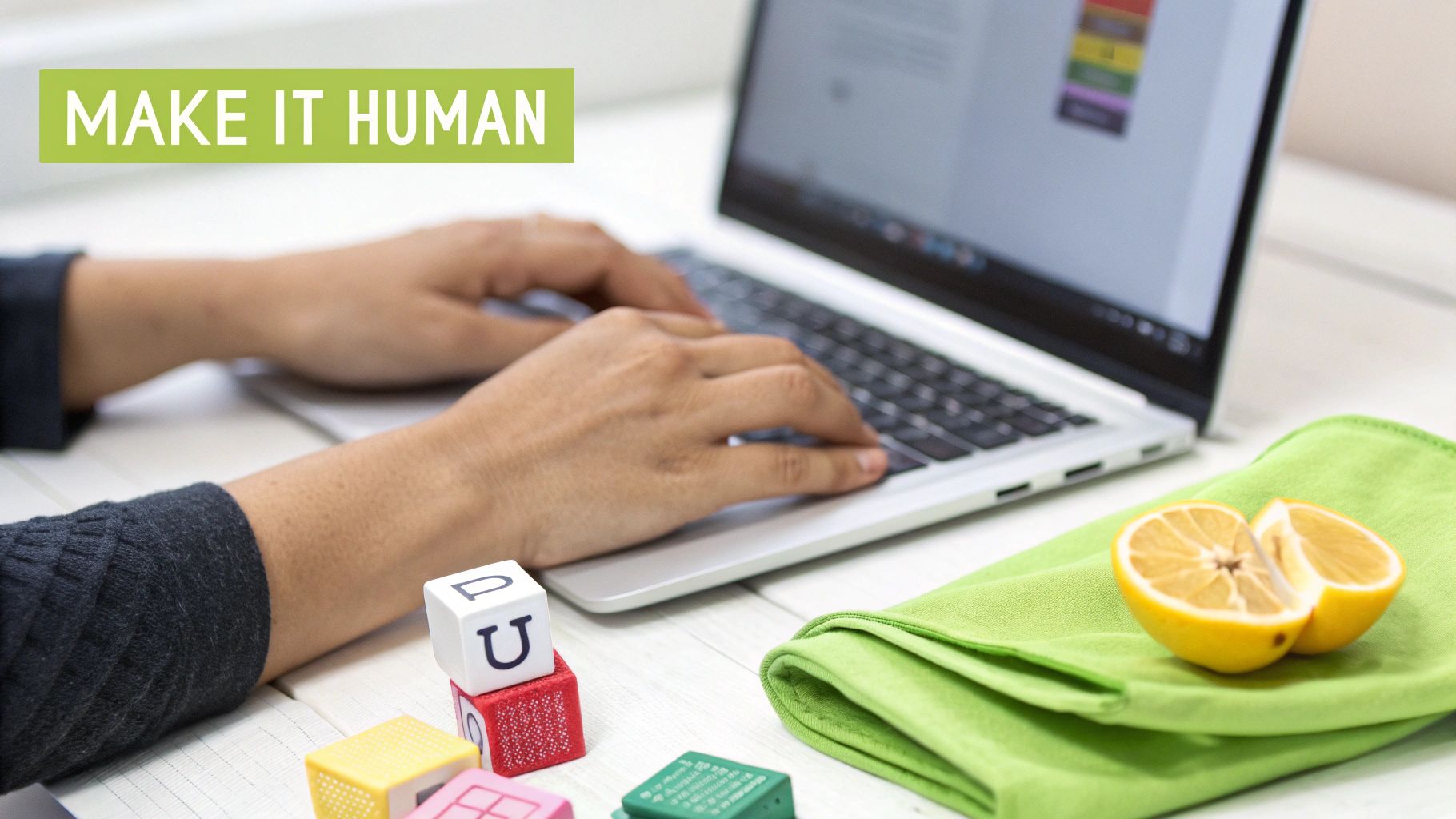 Hands typing on a laptop with colorful blocks and a lemon, emphasizing the 'MAKE IT HUMAN' concept.