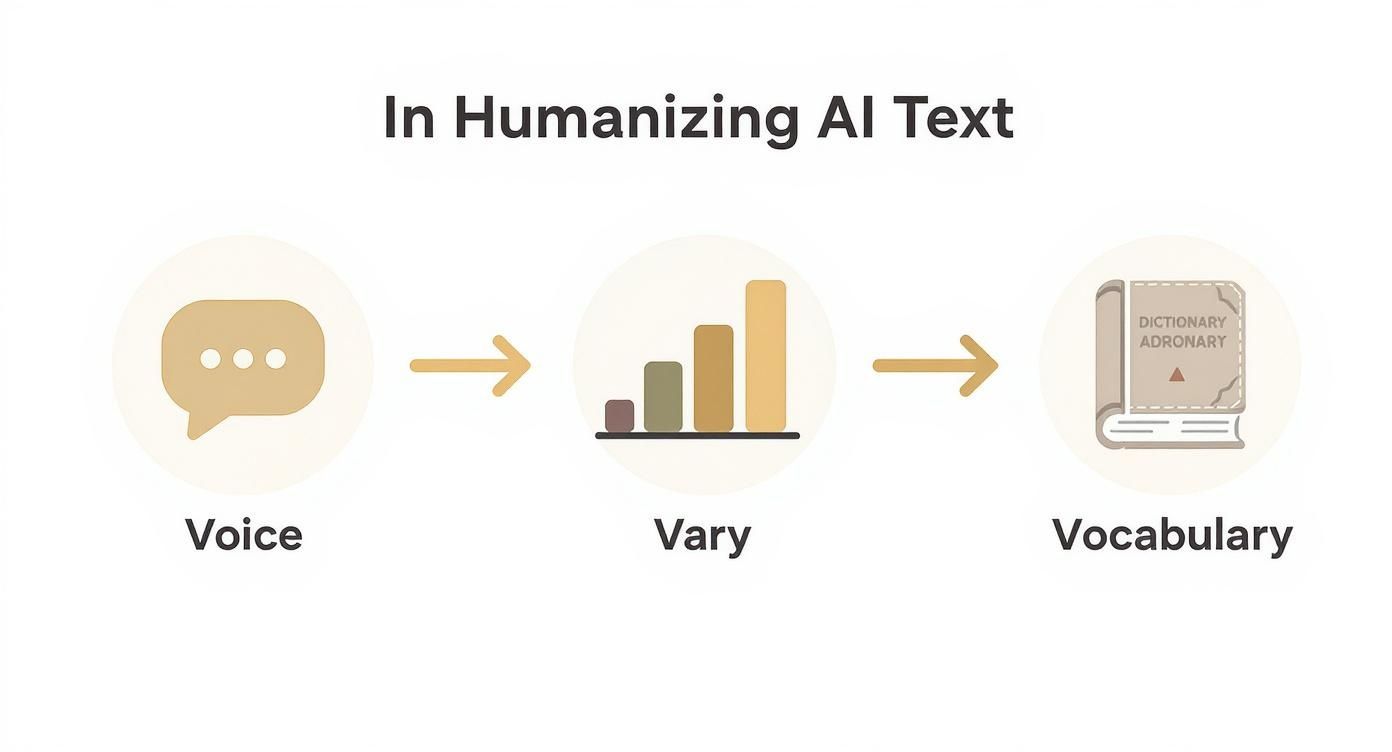 A diagram illustrating how to humanize AI text through voice, varying content, and vocabulary.