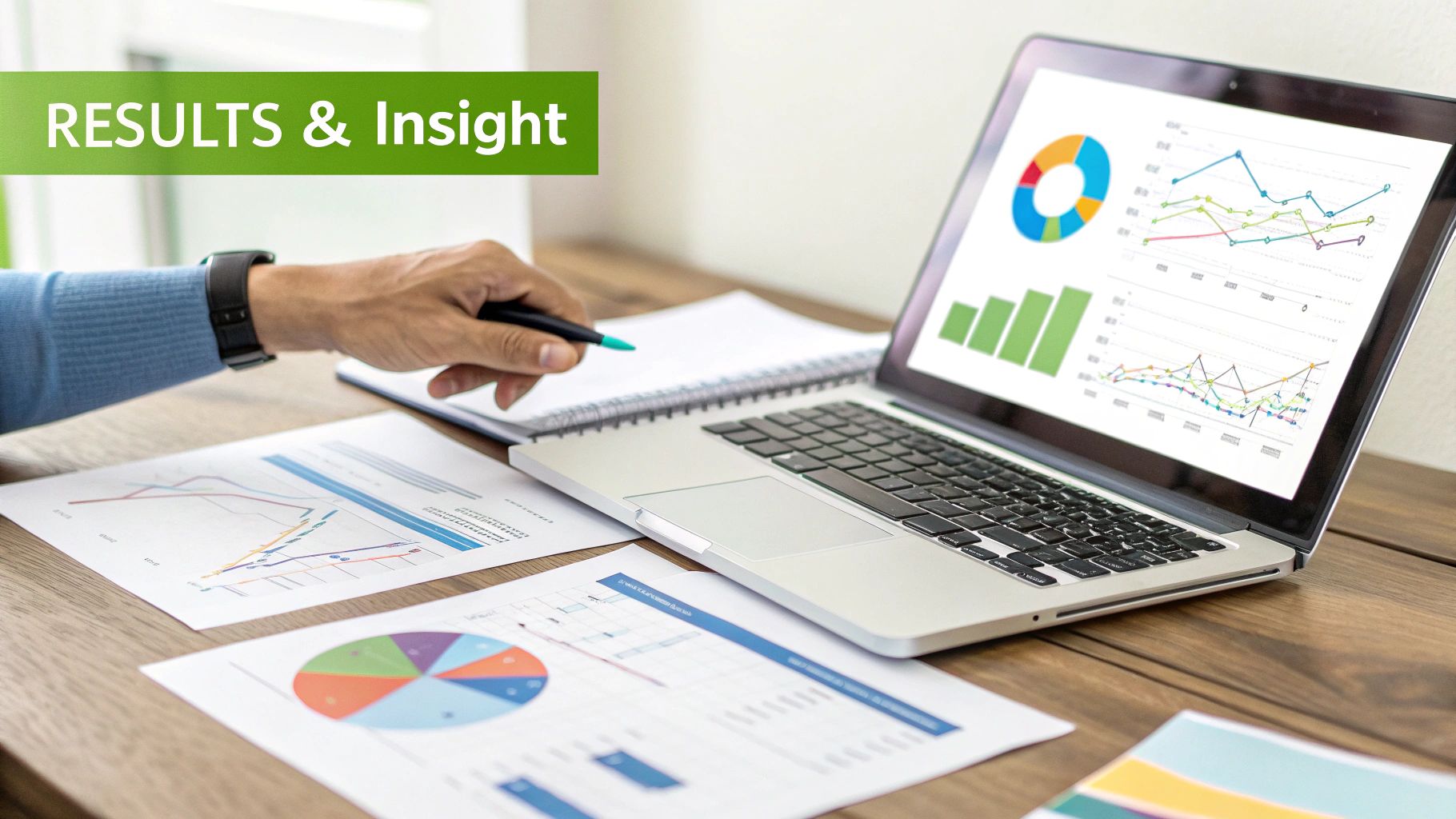 Person analyzes business results and insights using a laptop displaying charts and graphs on a desk.