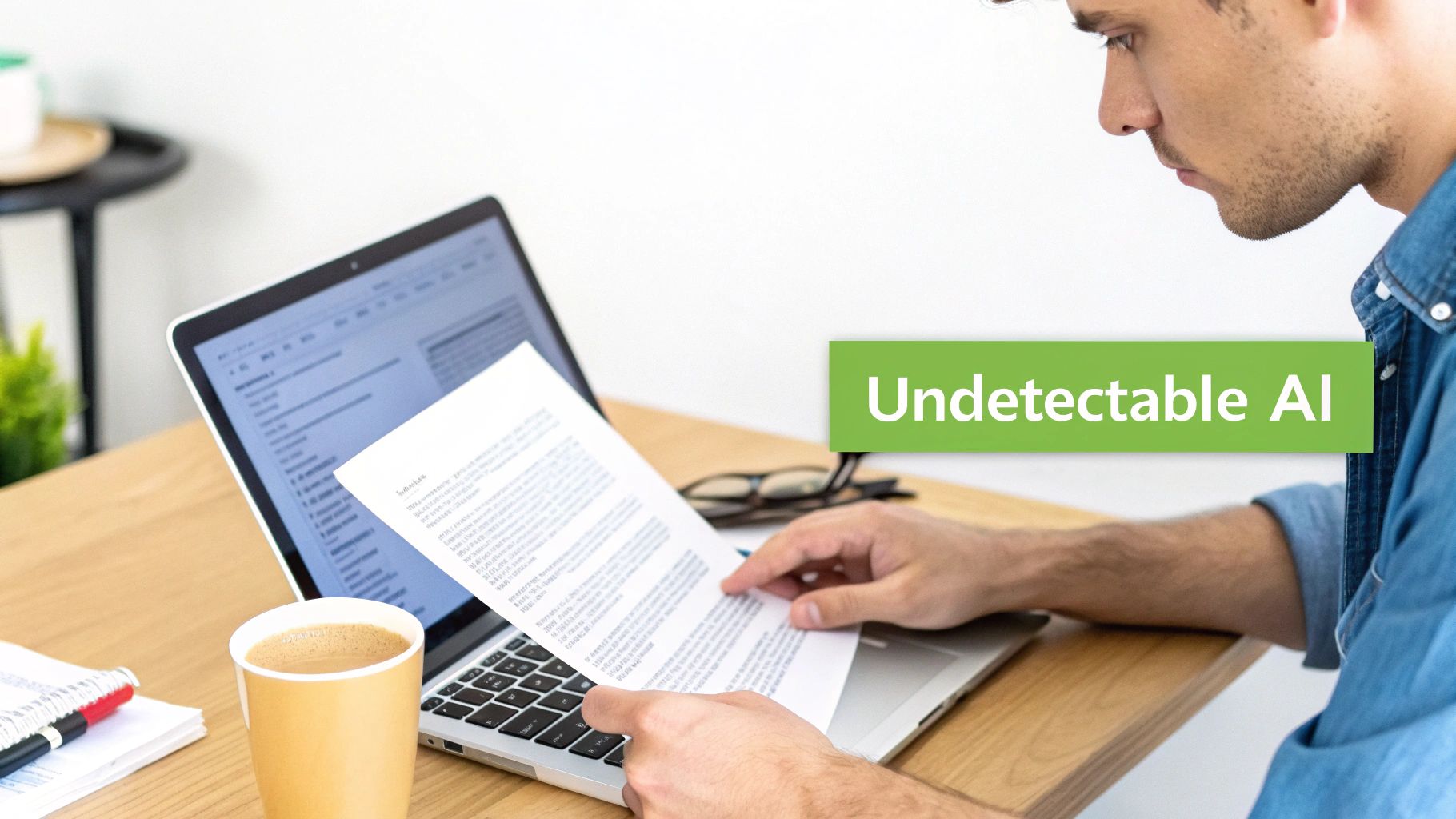 一名男子在办公桌前使用笔记本电脑审阅文档,带有