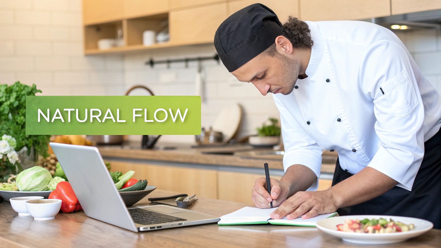 A chef in a modern kitchen writes in a notebook, with a laptop and fresh ingredients nearby.