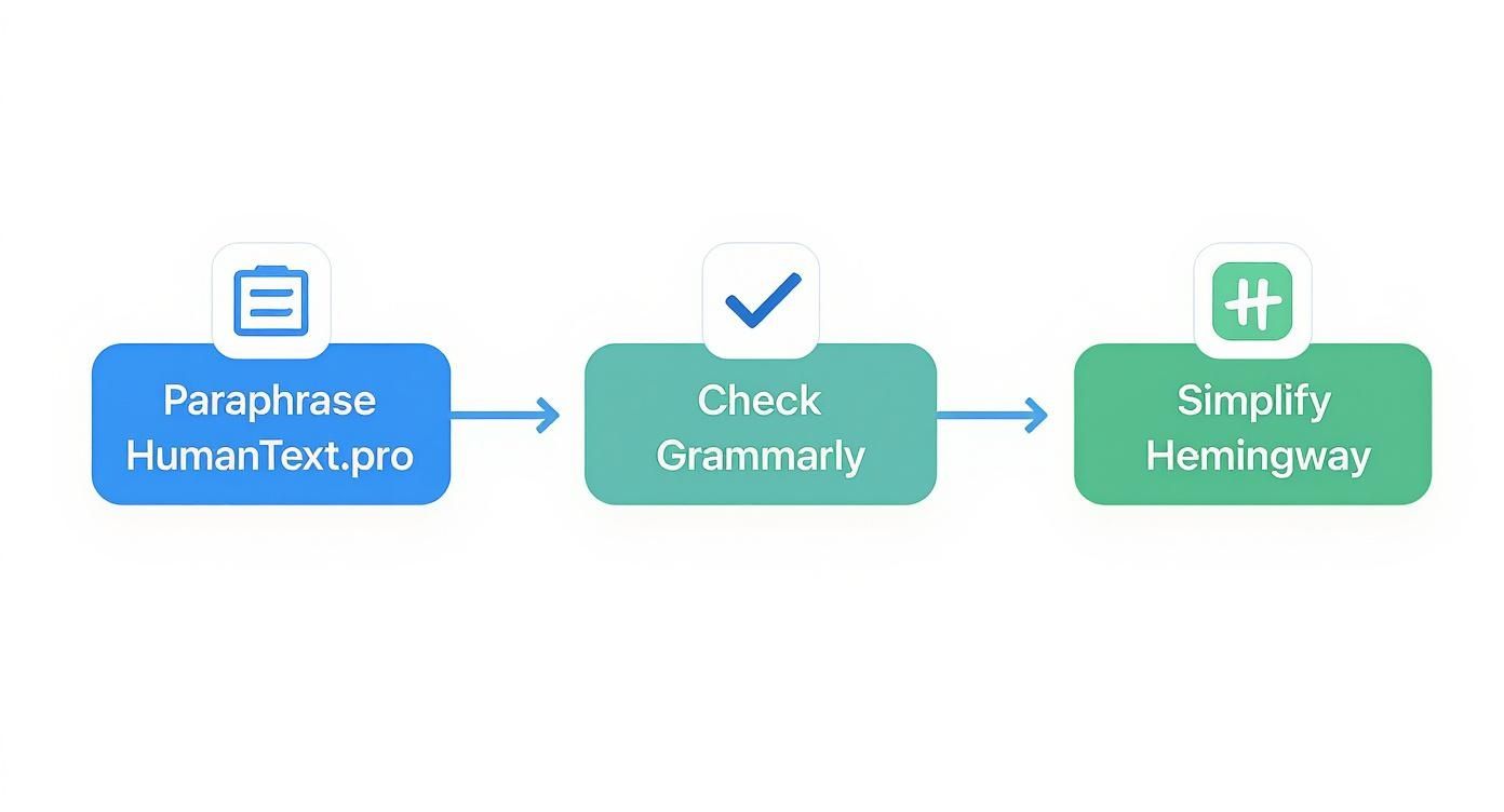 Flowchart illustrating the process of humanizing AI text: Paraphrase, Check Grammarly, Simplify Hemingway.