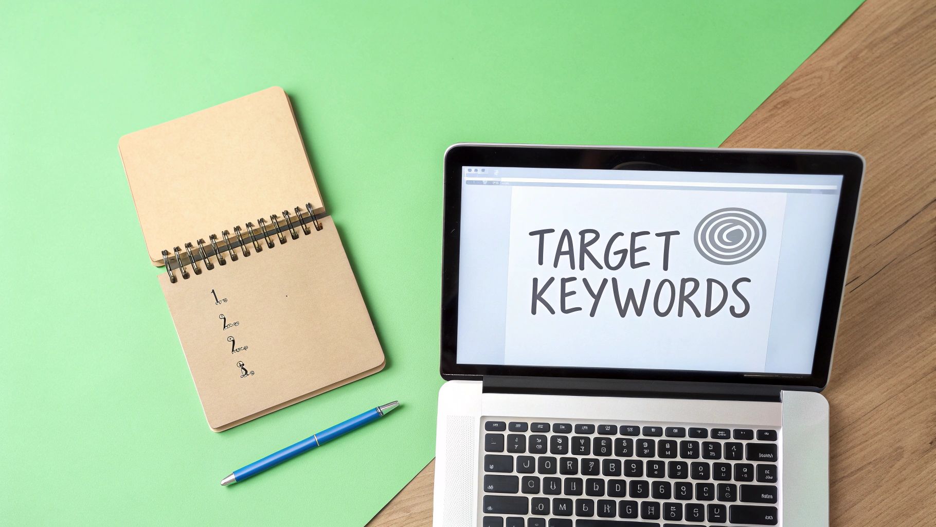A laptop displays 'TARGET KEYWORDS' with a target icon, next to a notebook and blue pen.