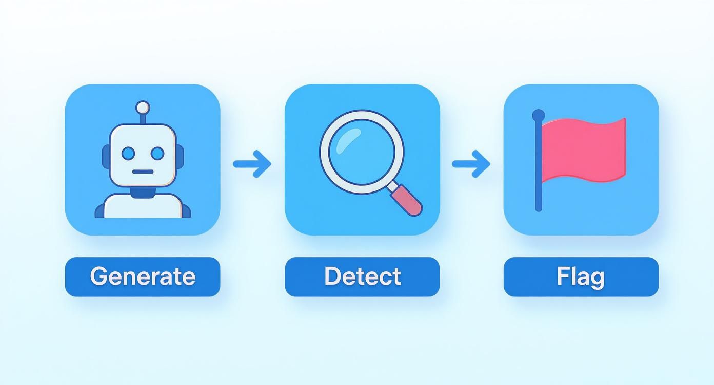 A three-step diagram showing AI content generation (robot), detection (magnifying glass), and flagging (red flag).