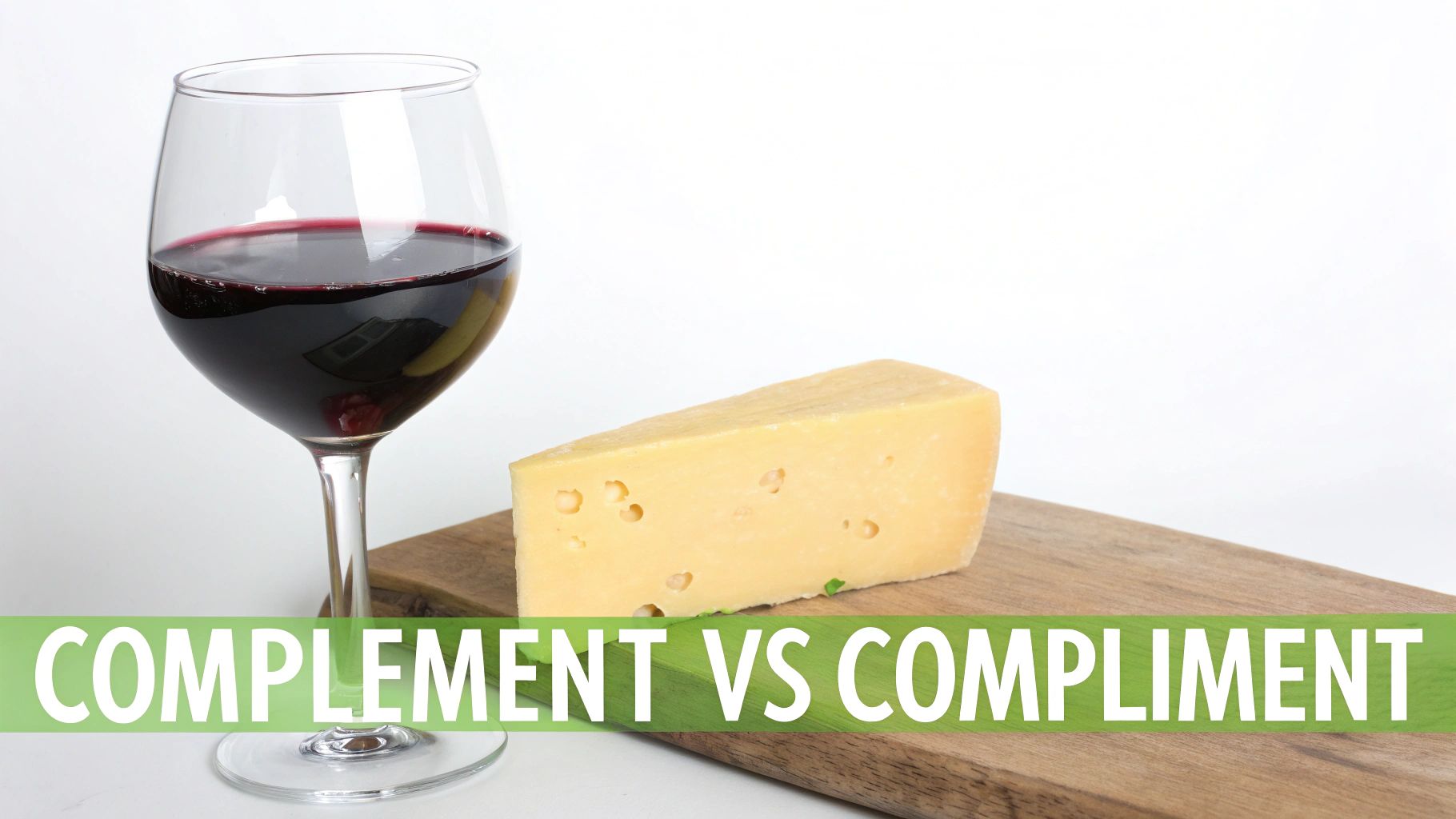 A glass of red wine and cheese on a wooden board with text "COMPLEMENT VS COMPLIMENT".