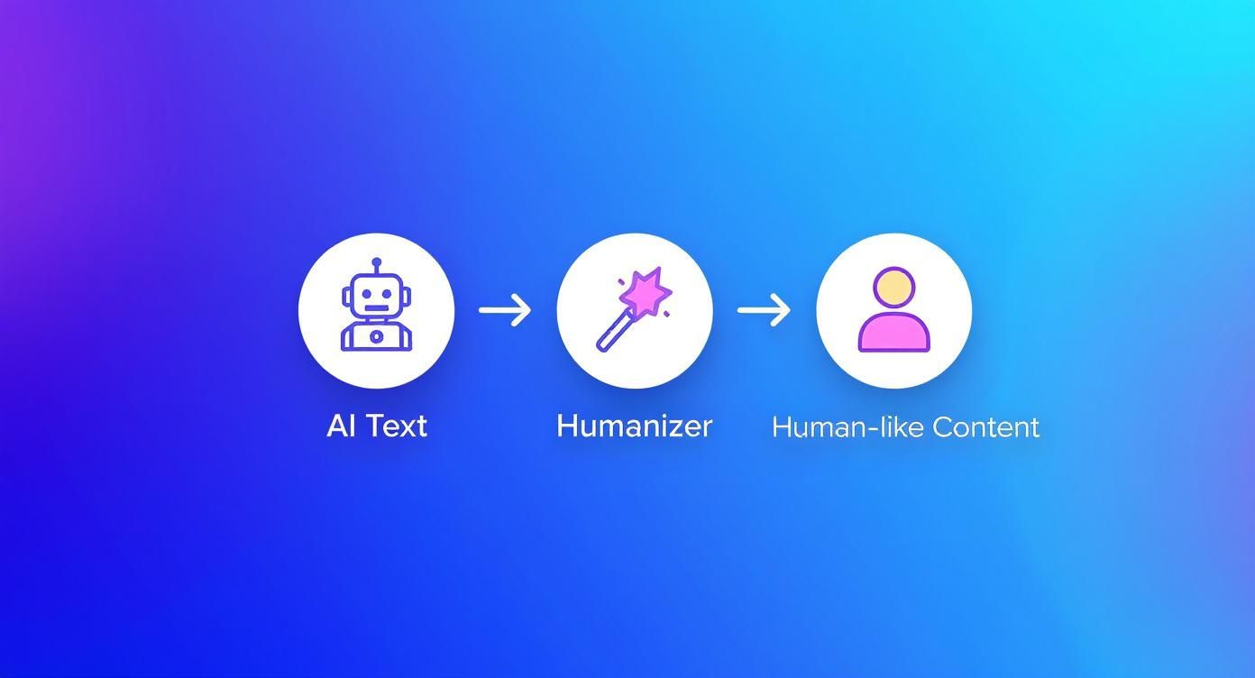 A diagram illustrates AI text transforming into human-like content through a humanizer tool.