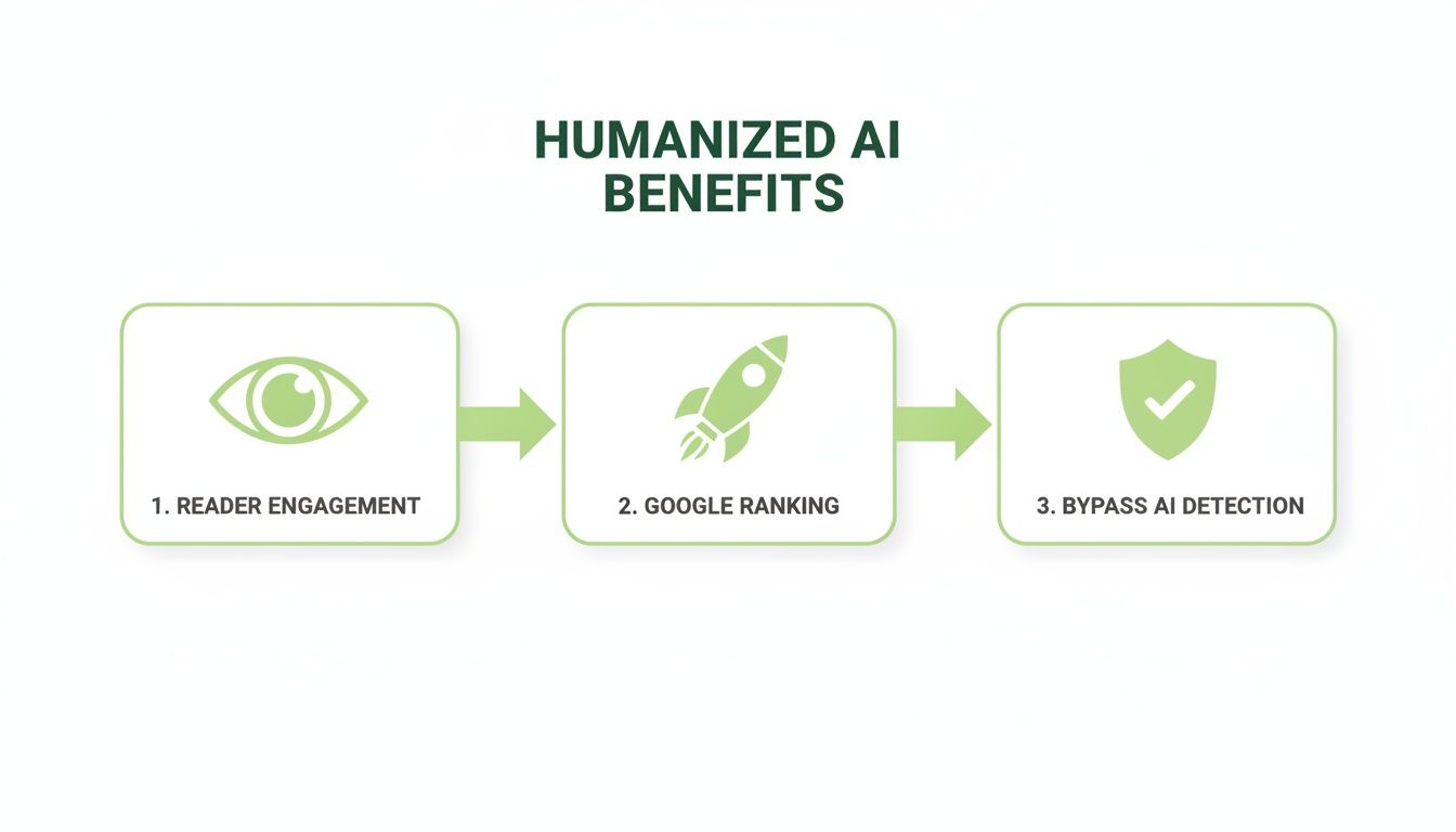 Diagram illustrating three key benefits of humanized AI: reader engagement, Google ranking, and bypassing AI detection.
