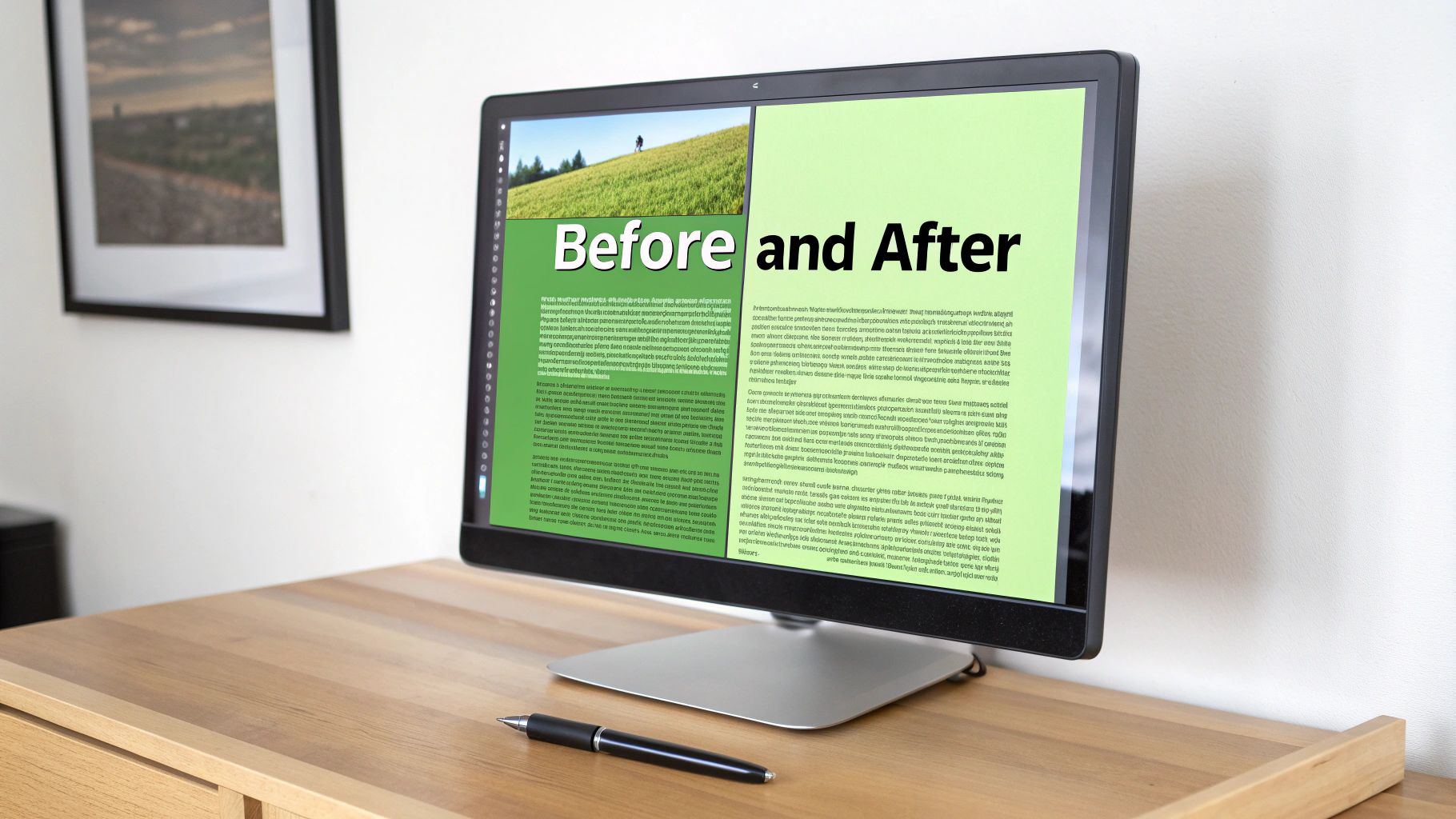 A desktop computer screen shows a 'Before and After' image and text on a wooden desk with a pen.