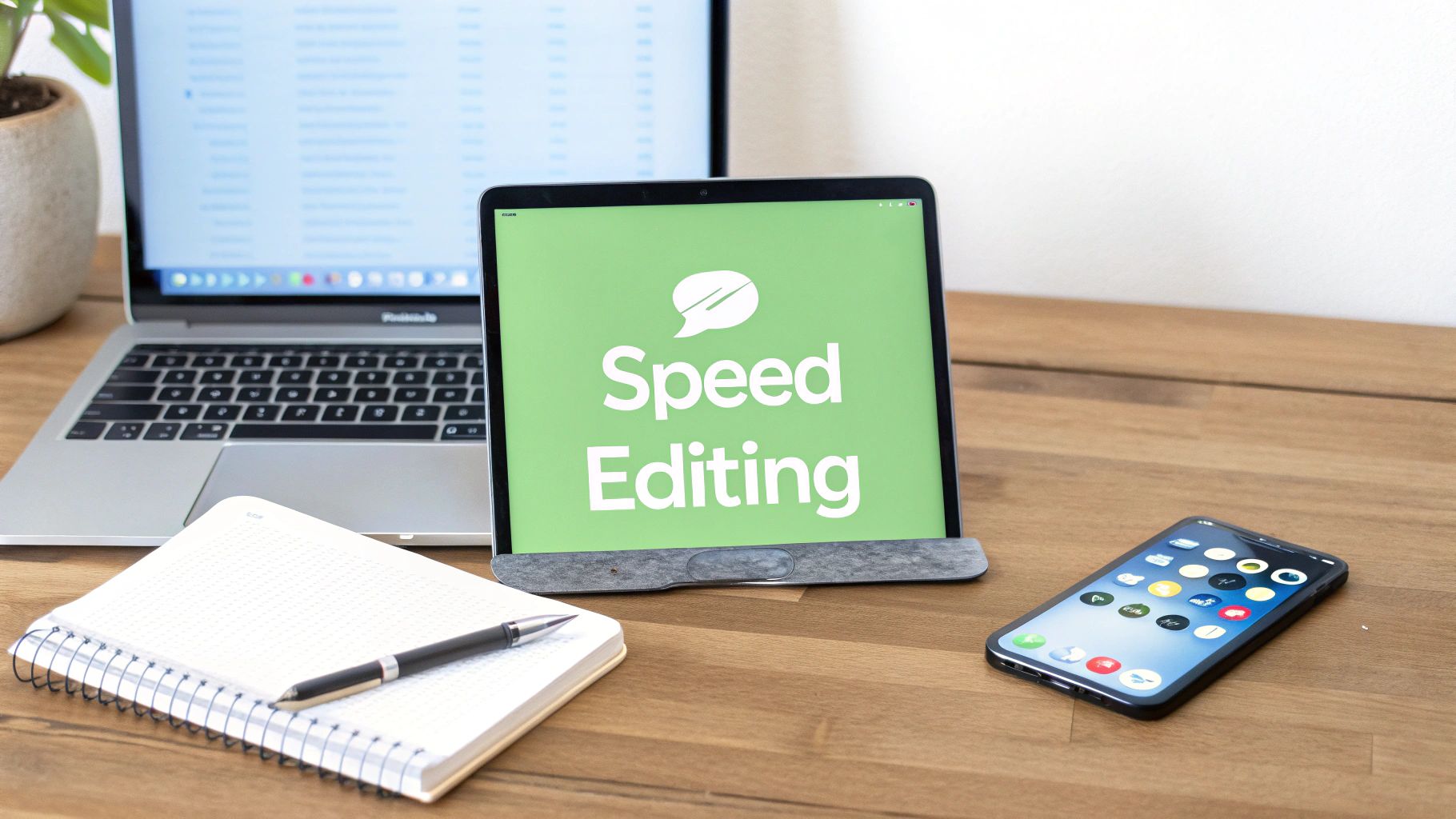 Tablet displaying speed editing text on green screen with laptop and smartphone on wooden desk