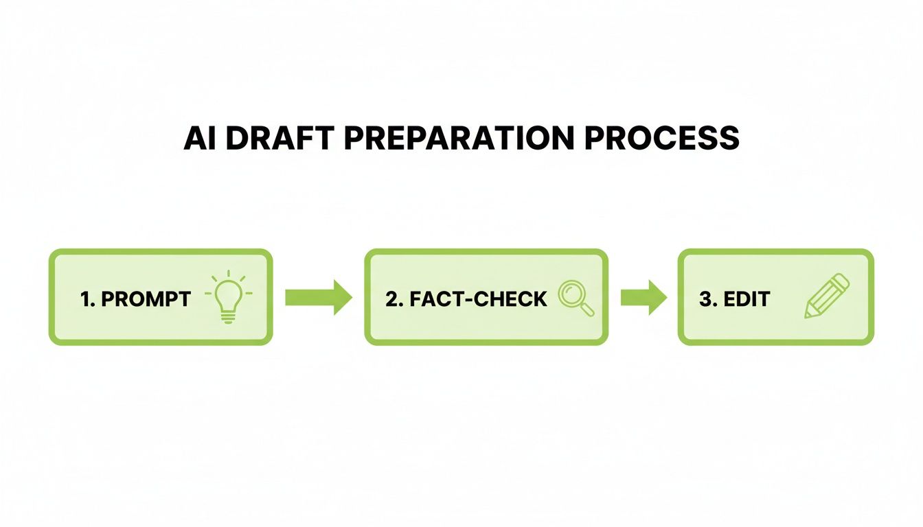 Flowchart illustrating the AI draft preparation process with steps: Prompt, Fact-Check, and Edit.